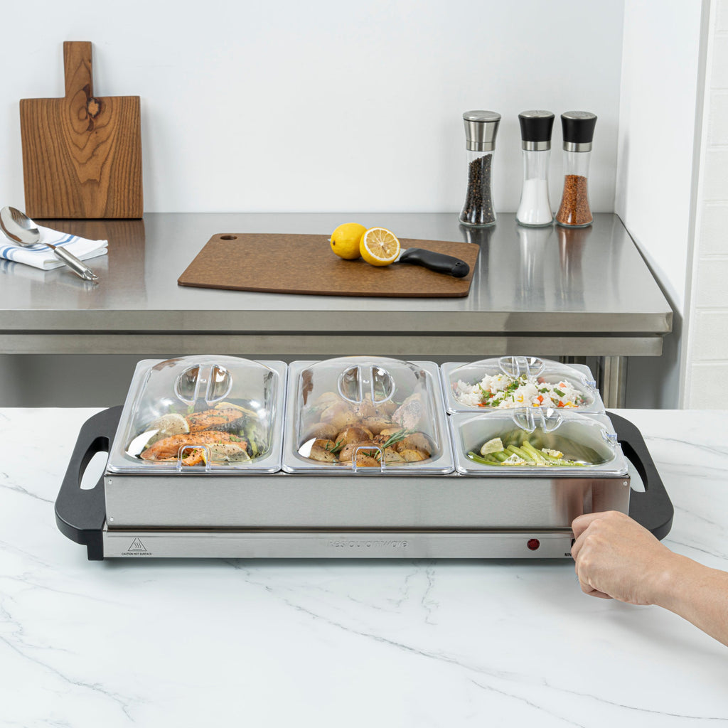 Kitchen Tek Stainless Steel Buffet Server and Food Warmer - 120V, with (2) 1 Qt and (2) 2.5 Qt Buffet Pans - 1 count box