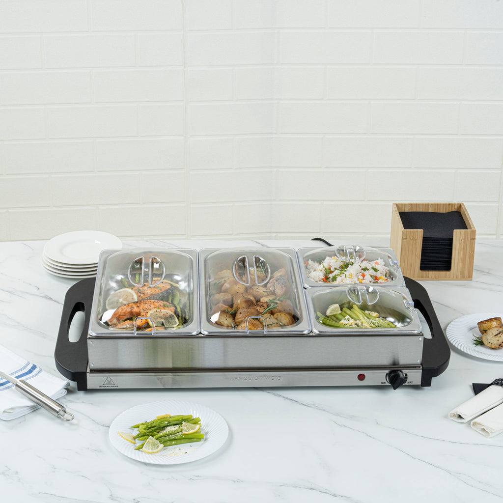 Kitchen Tek Stainless Steel Buffet Server and Food Warmer - 120V, with (2) 1 Qt and (2) 2.5 Qt Buffet Pans - 1 count box