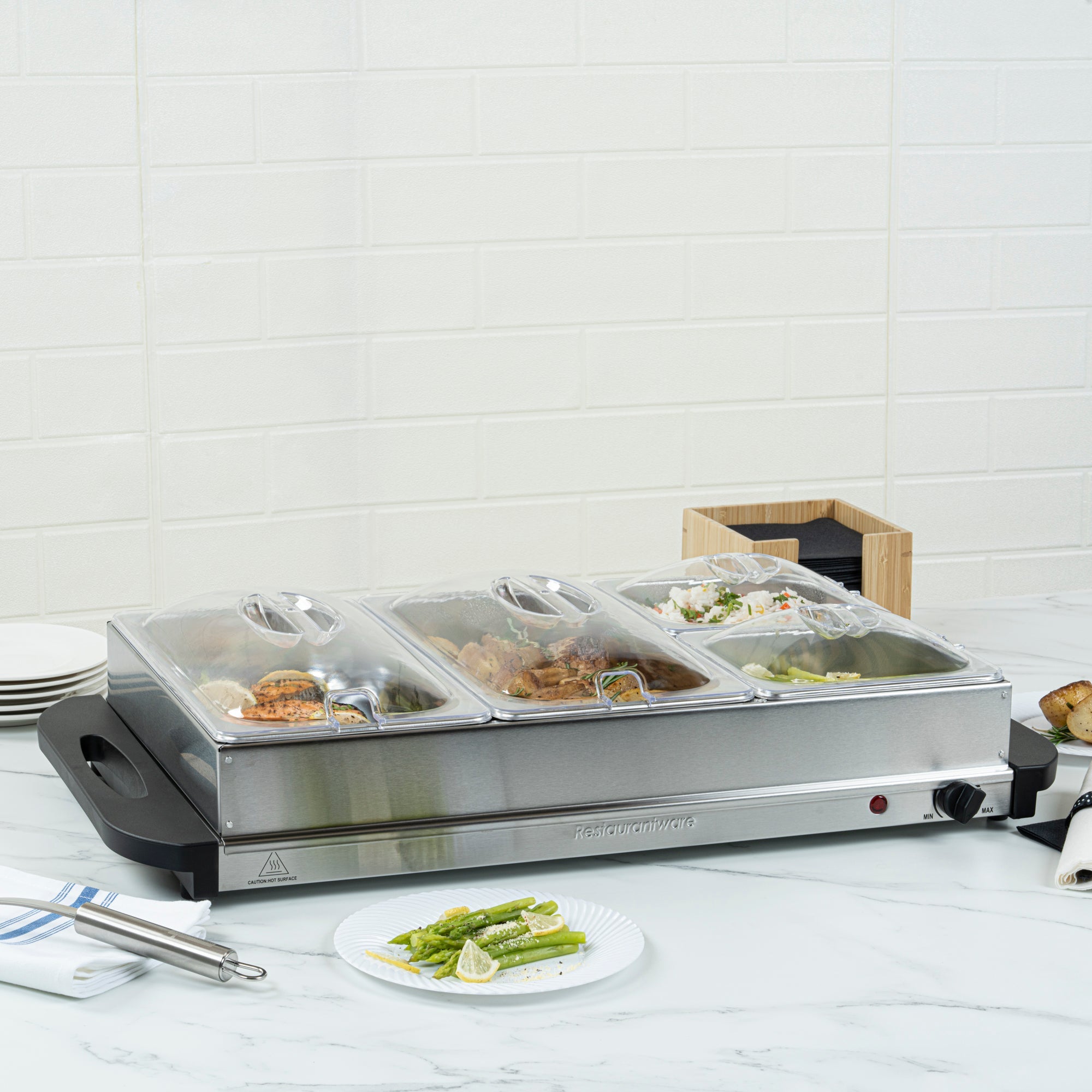 Kitchen Tek Stainless Steel Buffet Server and Food Warmer - 120V, with (2) 1 Qt and (2) 2.5 Qt Buffet Pans - 1 count box