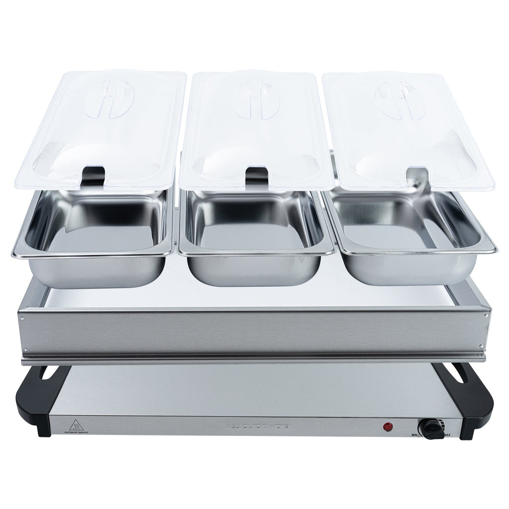 Kitchen Tek Stainless Steel Buffet Server and Food Warmer - 120V, with (3) 2.5 Qt Buffet Pans - 1 count box