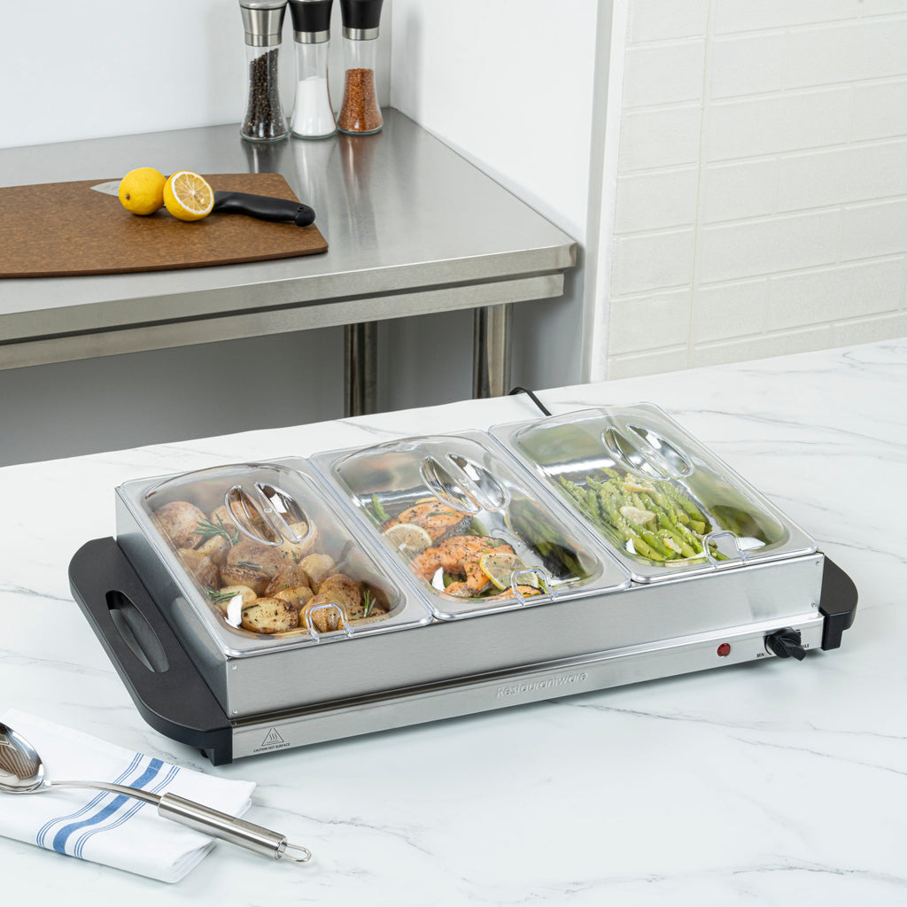Kitchen Tek Stainless Steel Buffet Server and Food Warmer - 120V, with (3) 2.5 Qt Buffet Pans - 1 count box