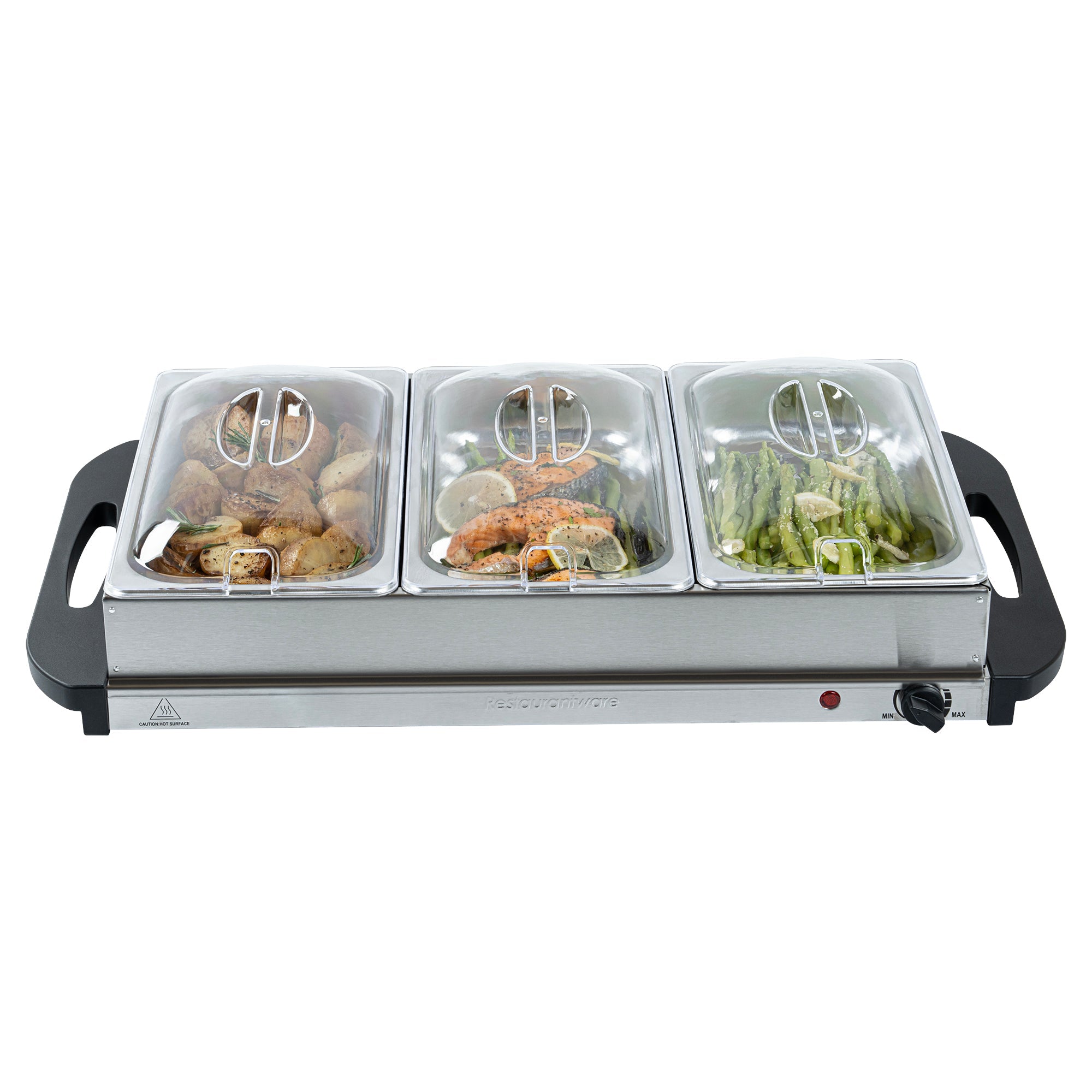 Kitchen Tek Stainless Steel Buffet Server and Food Warmer - 120V, with (3) 2.5 Qt Buffet Pans - 1 count box