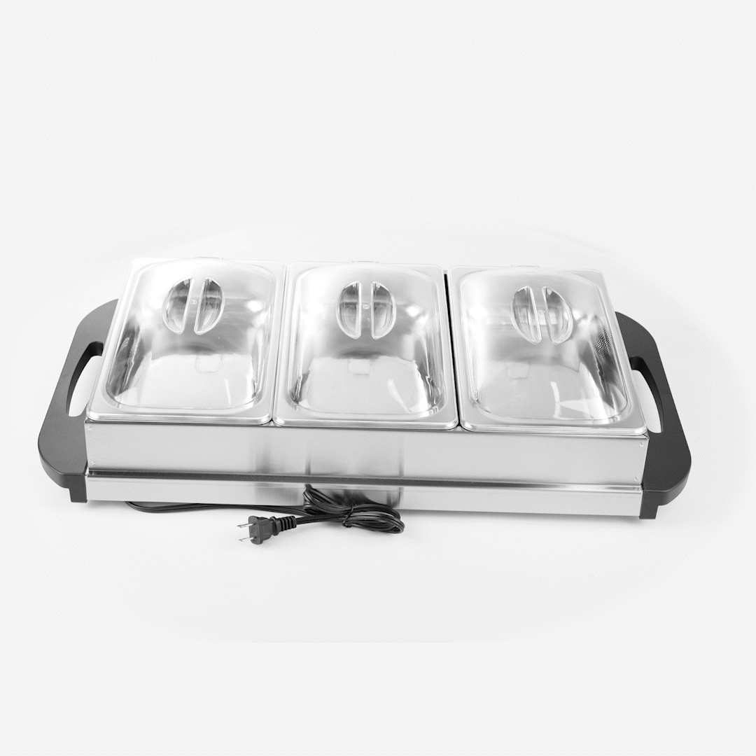 Kitchen Tek Stainless Steel Buffet Server and Food Warmer - 120V, with (3) 2.5 Qt Buffet Pans - 1 count box