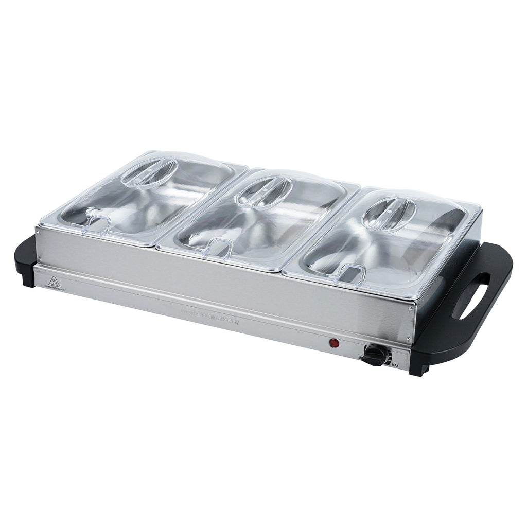 Kitchen Tek Stainless Steel Buffet Server and Food Warmer - 120V, with (3) 2.5 Qt Buffet Pans - 1 count box