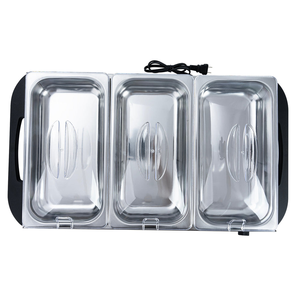 Kitchen Tek Stainless Steel Buffet Server and Food Warmer - 120V, with (3) 2.5 Qt Buffet Pans - 1 count box