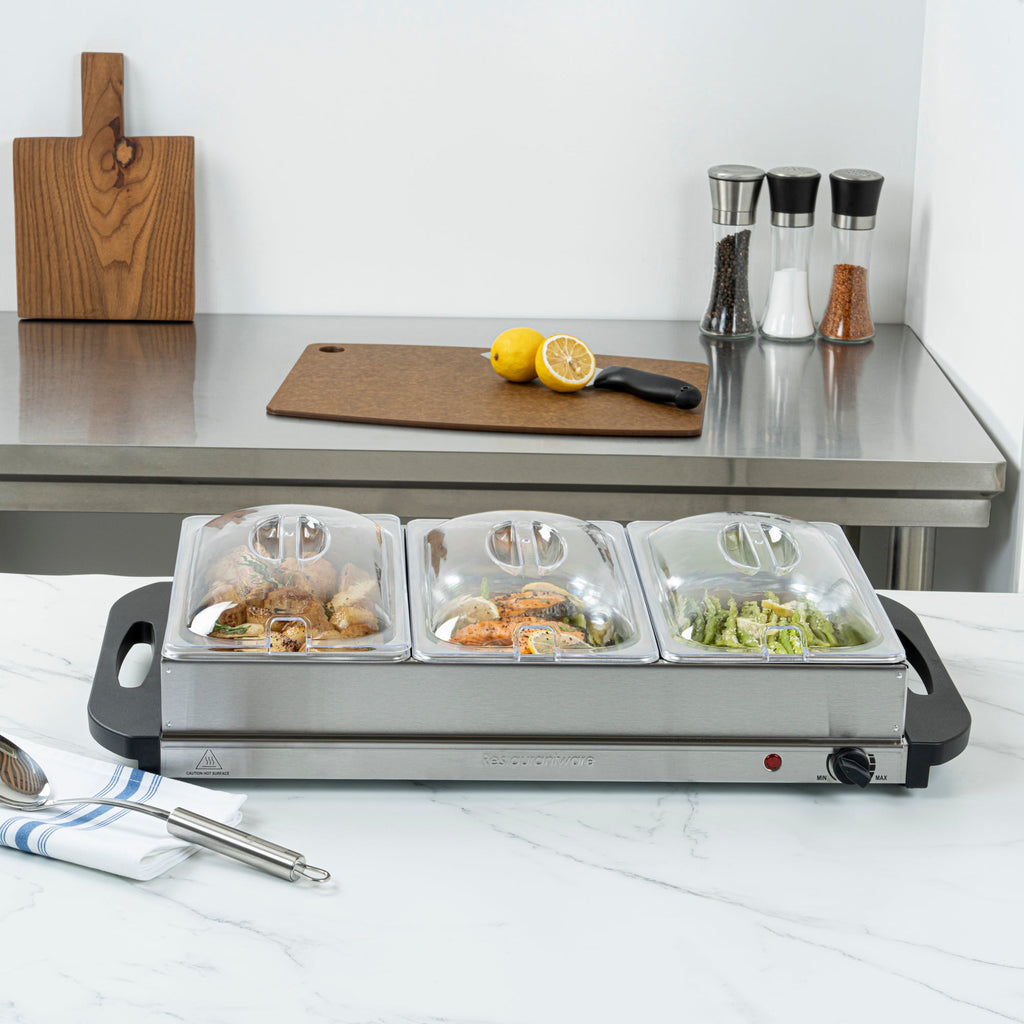 Kitchen Tek Stainless Steel Buffet Server and Food Warmer - 120V, with (3) 2.5 Qt Buffet Pans - 1 count box