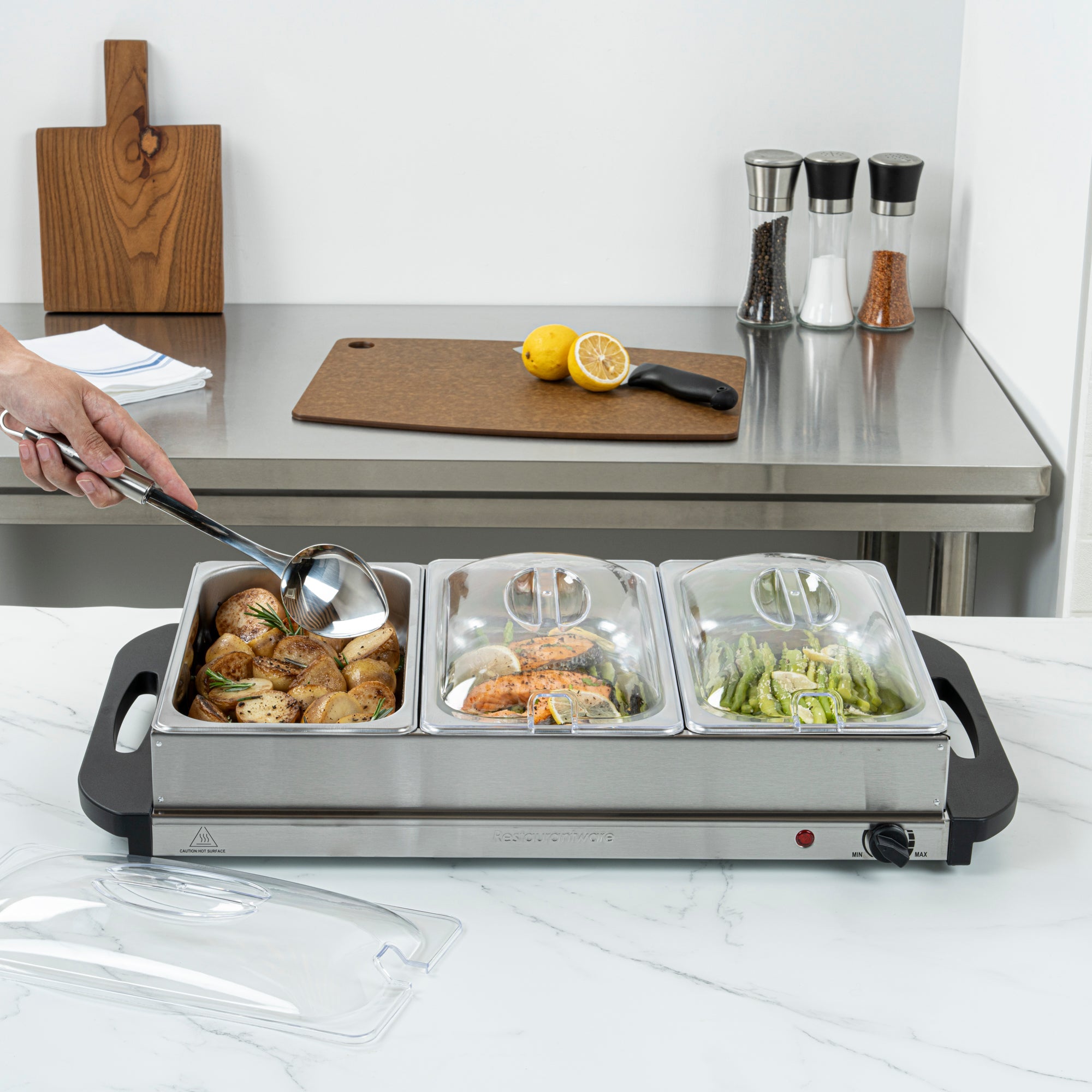 Kitchen Tek Stainless Steel Buffet Server and Food Warmer - 120V, with (3) 2.5 Qt Buffet Pans - 1 count box
