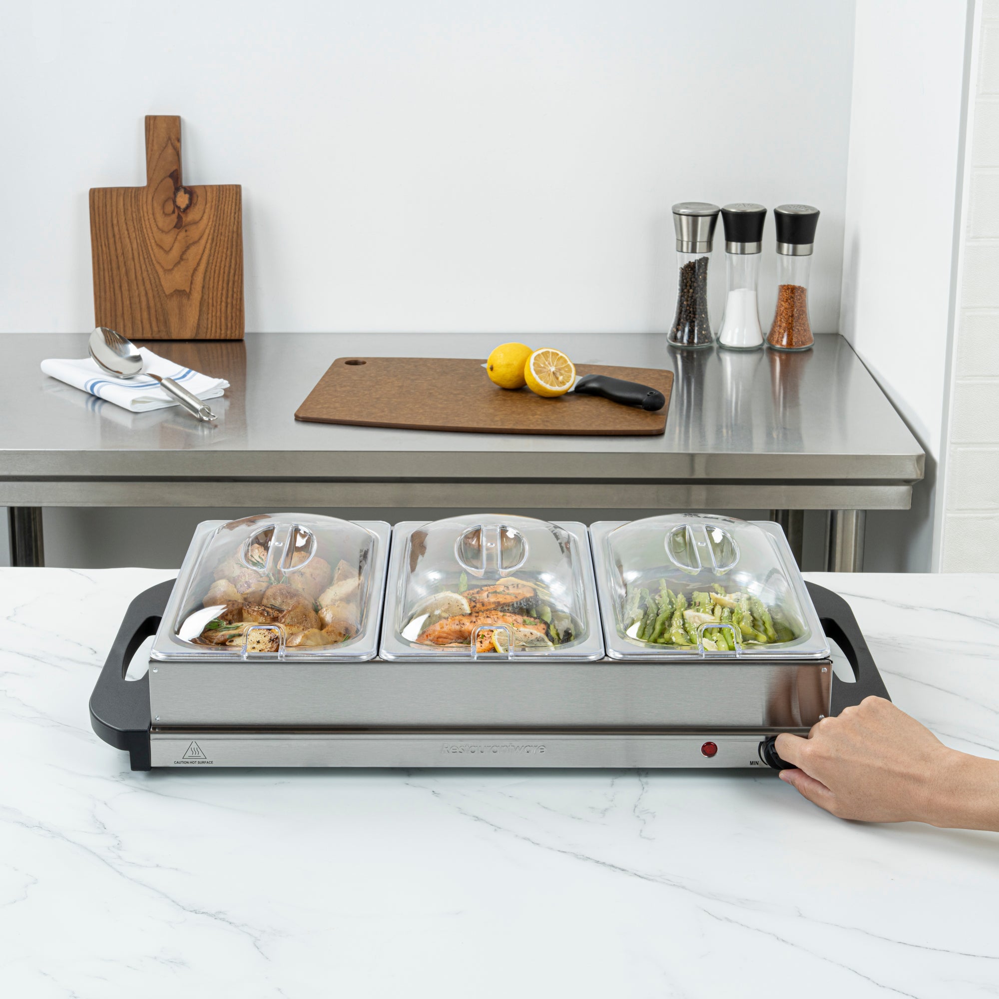 Kitchen Tek Stainless Steel Buffet Server and Food Warmer - 120V, with (3) 2.5 Qt Buffet Pans - 1 count box