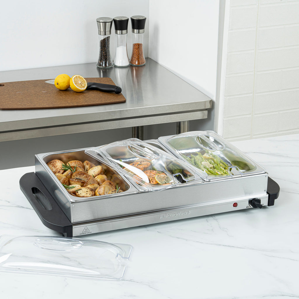 Kitchen Tek Stainless Steel Buffet Server and Food Warmer - 120V, with (3) 2.5 Qt Buffet Pans - 1 count box