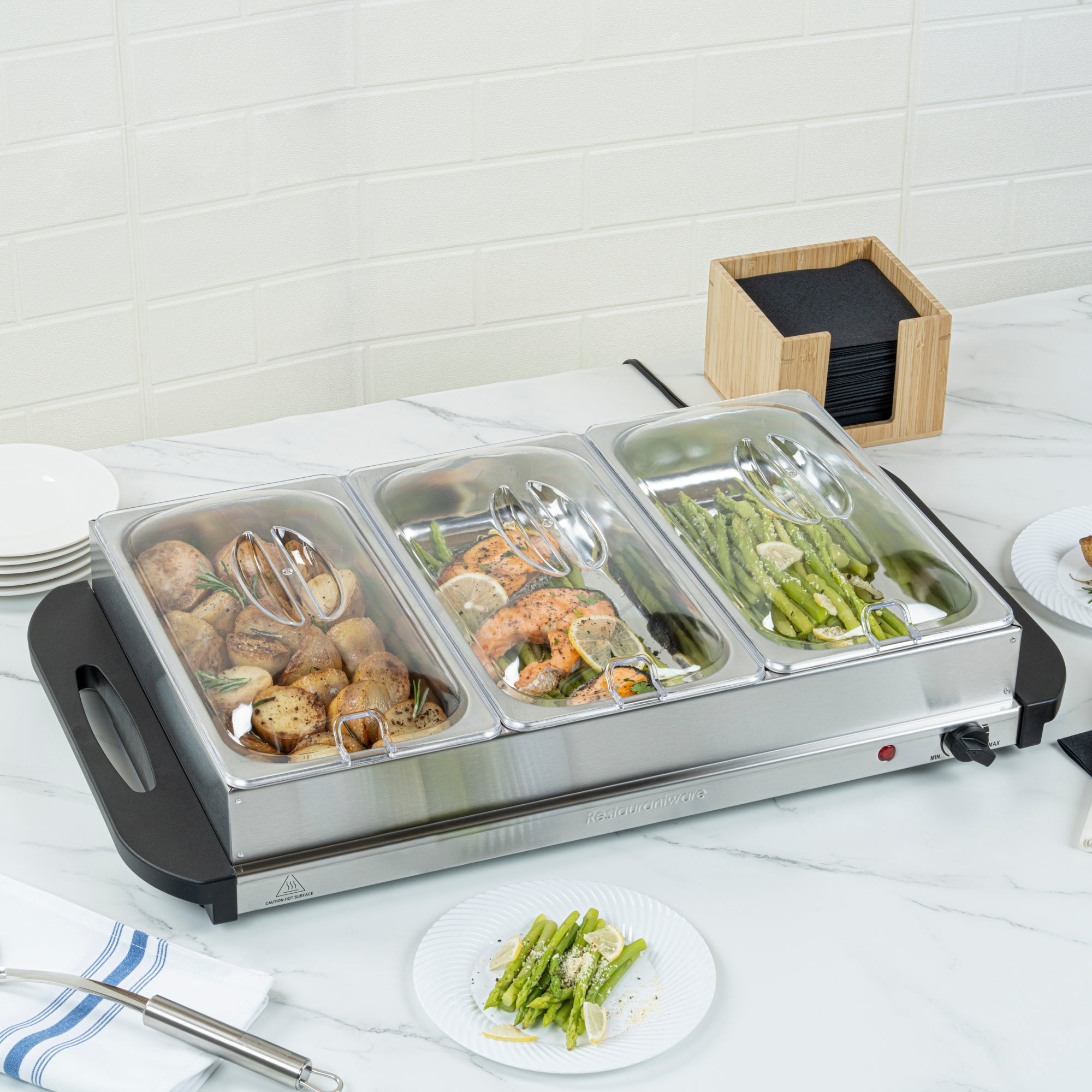 Kitchen Tek Stainless Steel Buffet Server and Food Warmer - 120V, with (3) 2.5 Qt Buffet Pans - 1 count box