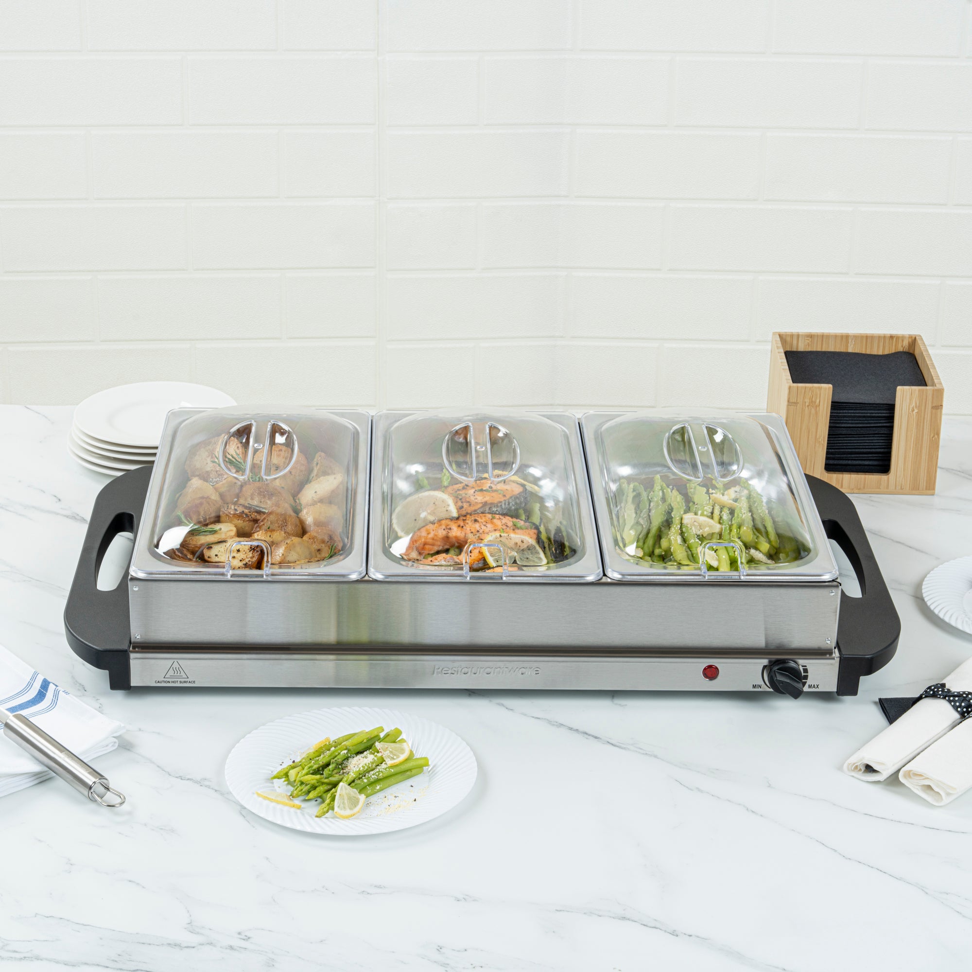 Kitchen Tek Stainless Steel Buffet Server and Food Warmer - 120V, with (3) 2.5 Qt Buffet Pans - 1 count box