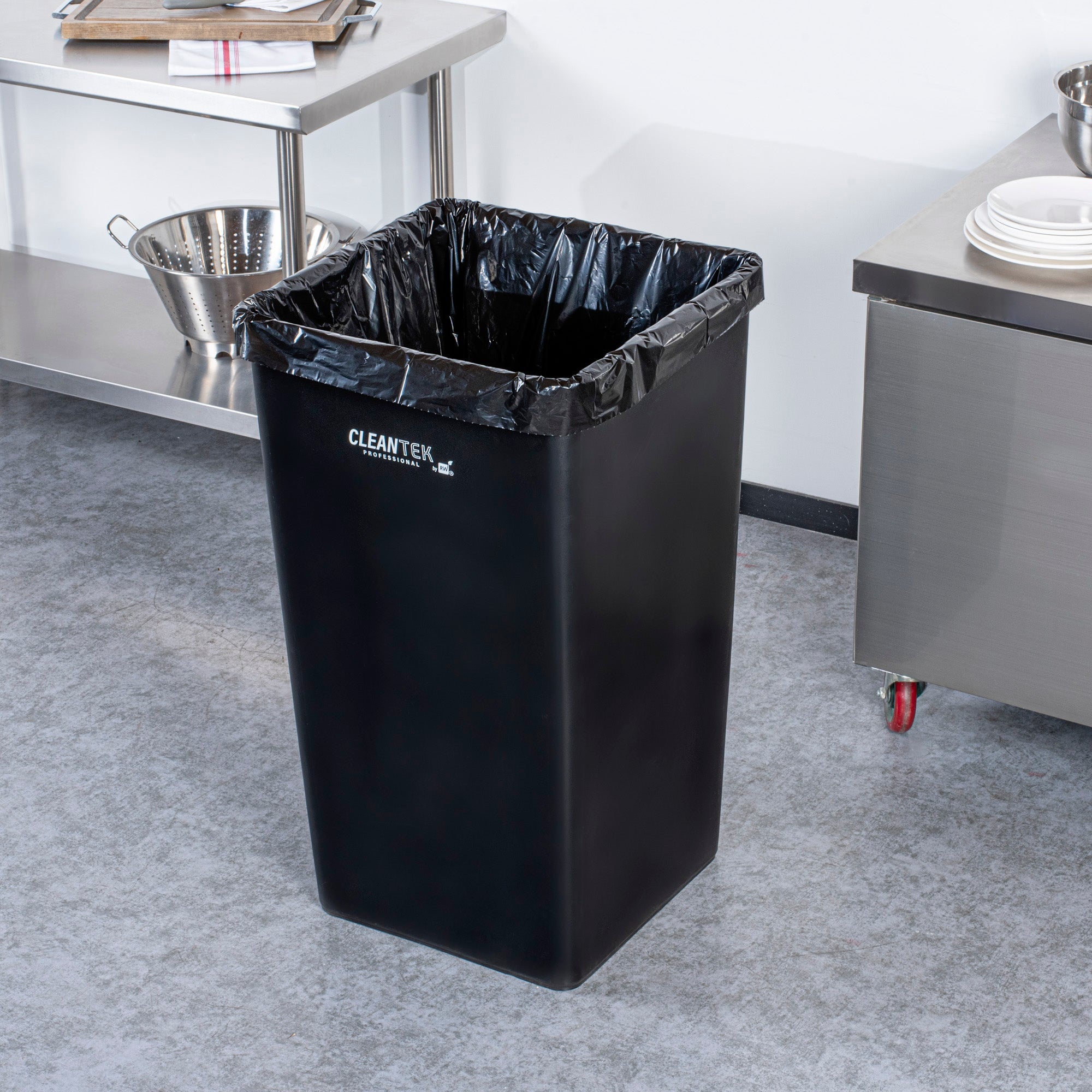 Clean Tek Professional 50 gal Square Black Plastic Trash Can - 19 1/2" x 19 1/2" x 34 1/4" - 1 count box
