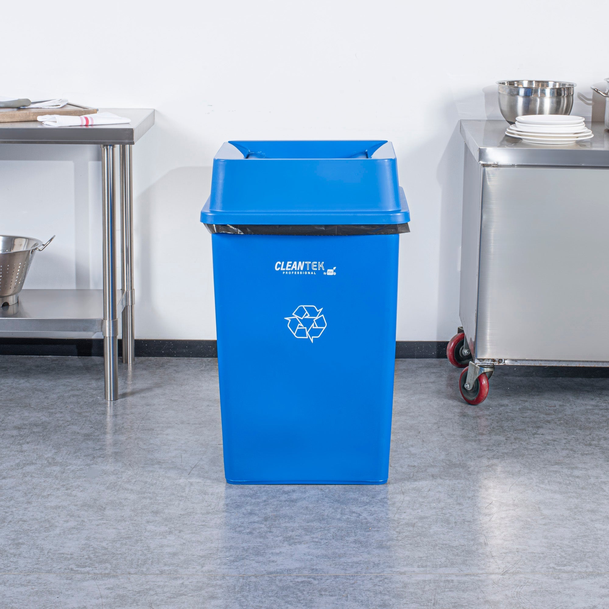 Clean Tek Professional Square Blue Plastic Swing Lid - Fits 35 / 50 gal Square Recycling Bin - 1 count box