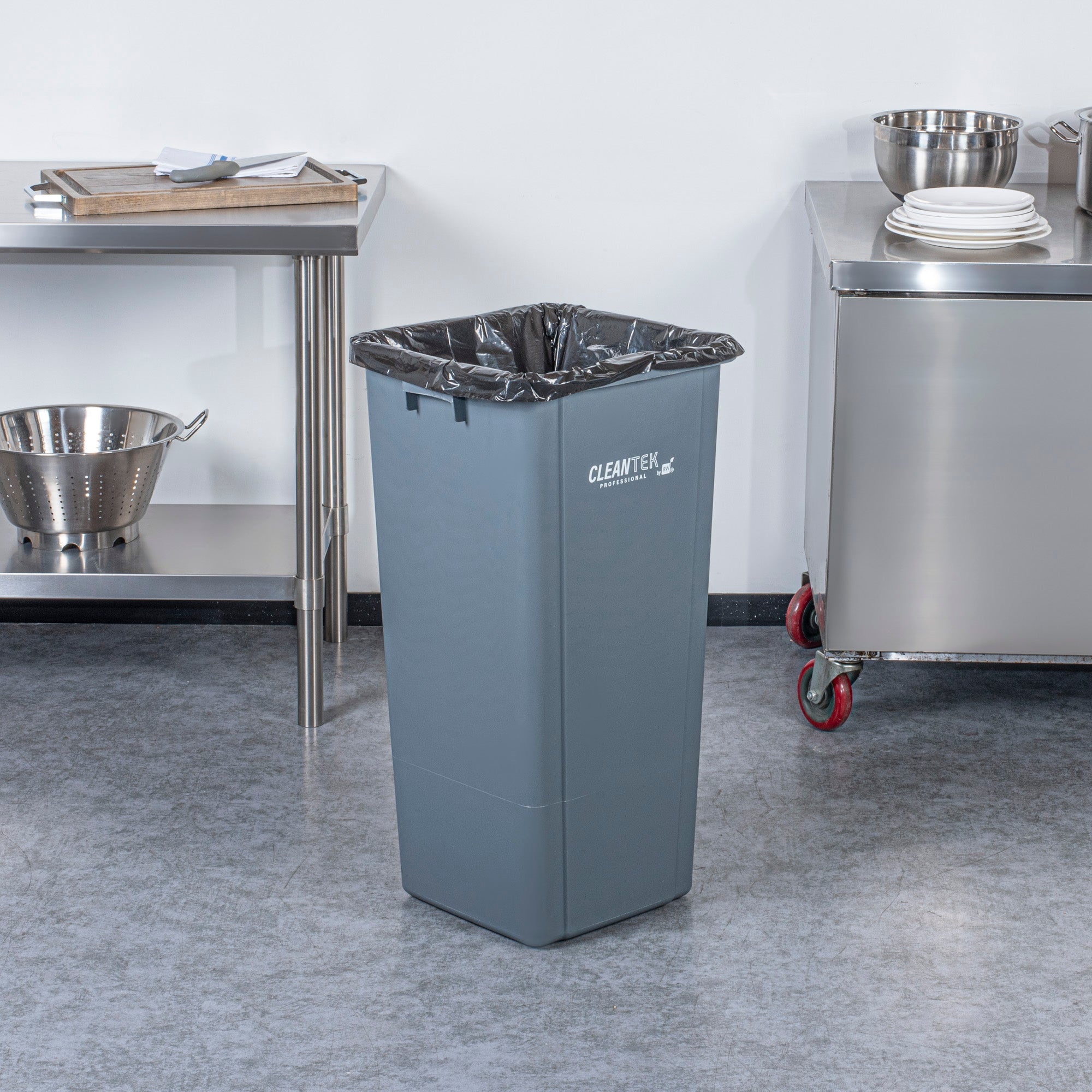 Clean Tek Professional 23 gal Square Gray Plastic Trash Can - 16" x 15 3/4" x 30 3/4" - 1 count box