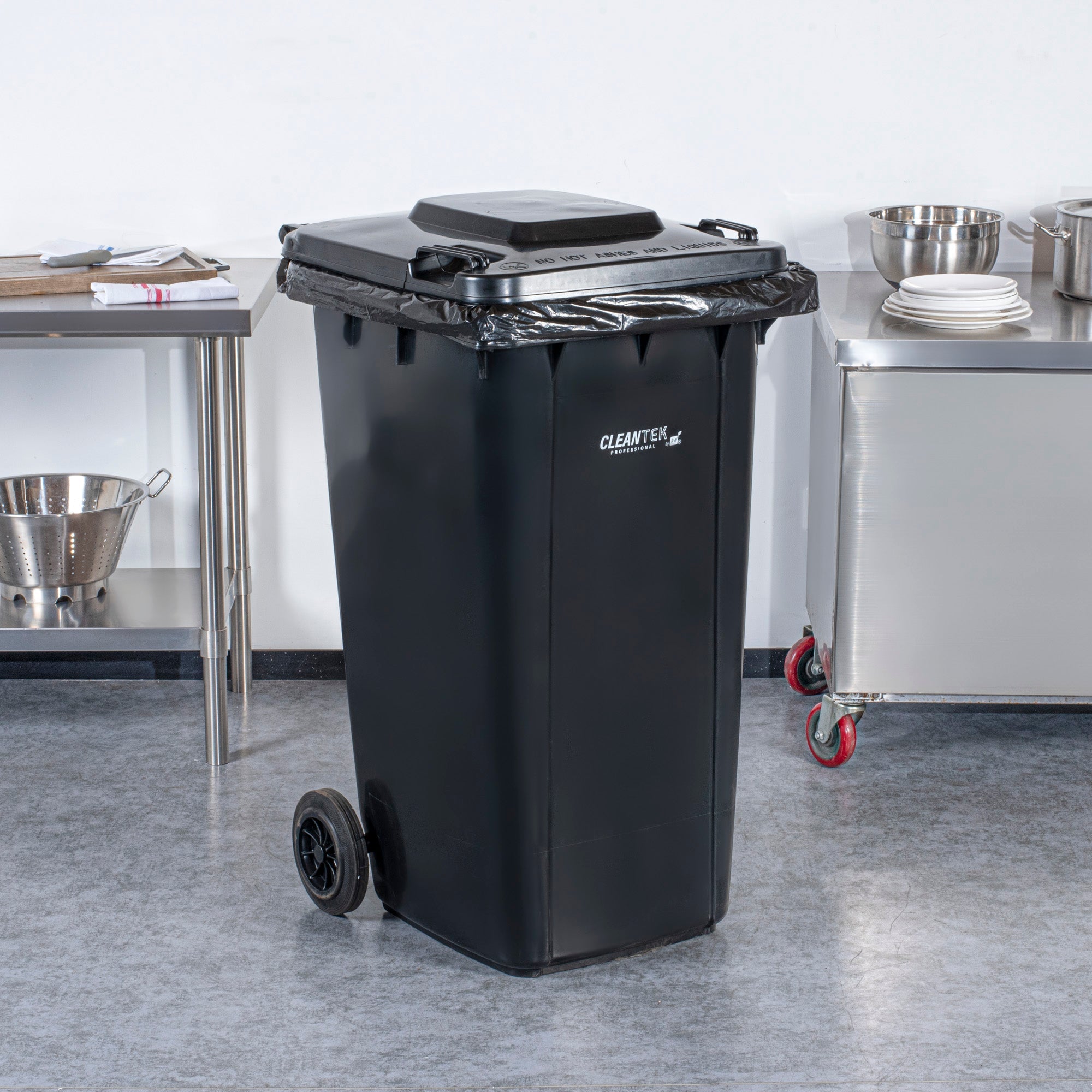 Clean Tek Professional 64 gal Rectangle Black Plastic Wheeled Trash Can - with Lid - 28 1/2" x 23" x 43" - 1 count box