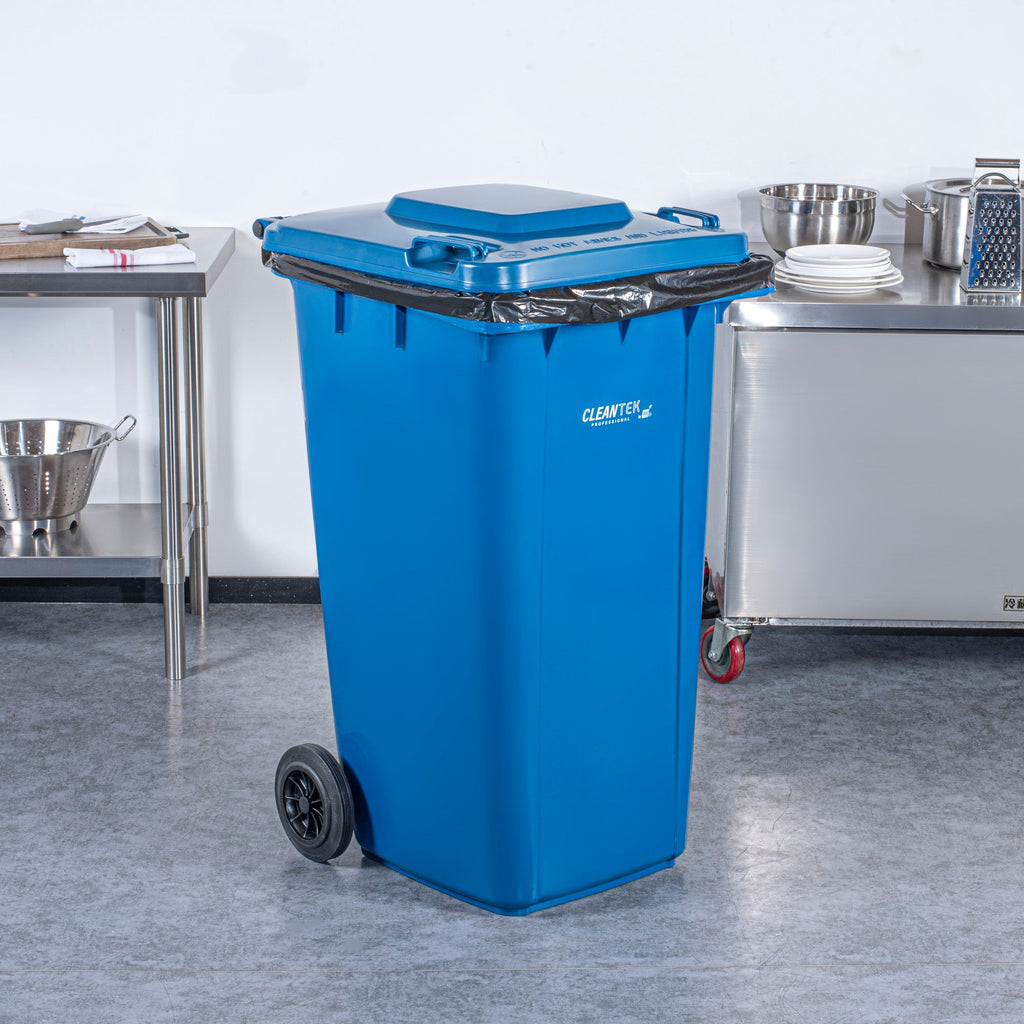 Clean Tek Professional 64 gal Rectangle Blue Plastic Wheeled Trash Can - with Lid - 28 1/2" x 23" x 43" - 1 count box