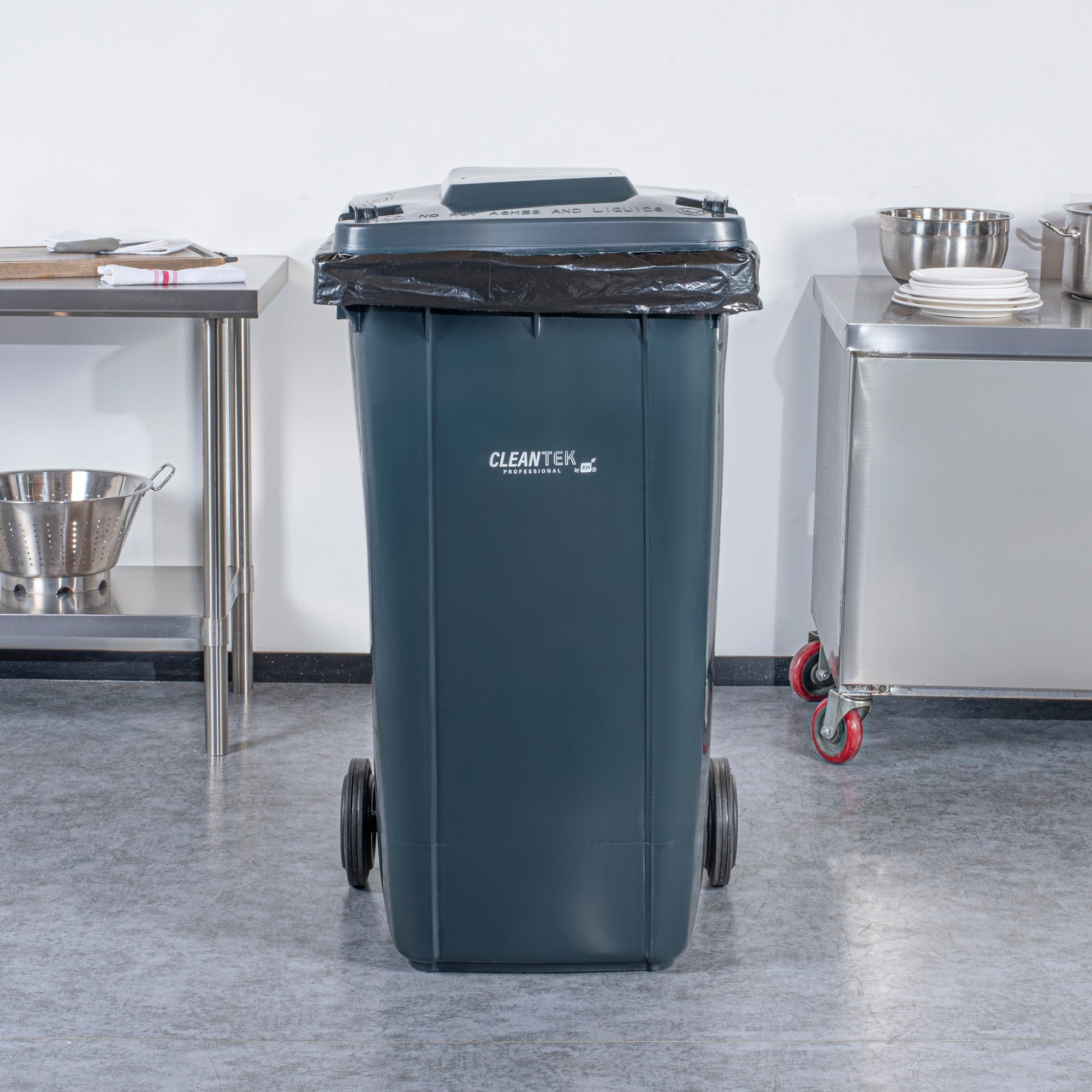 Clean Tek Professional 64 gal Rectangle Gray Plastic Wheeled Trash Can - with Lid - 28 1/2" x 23" x 43" - 1 count box
