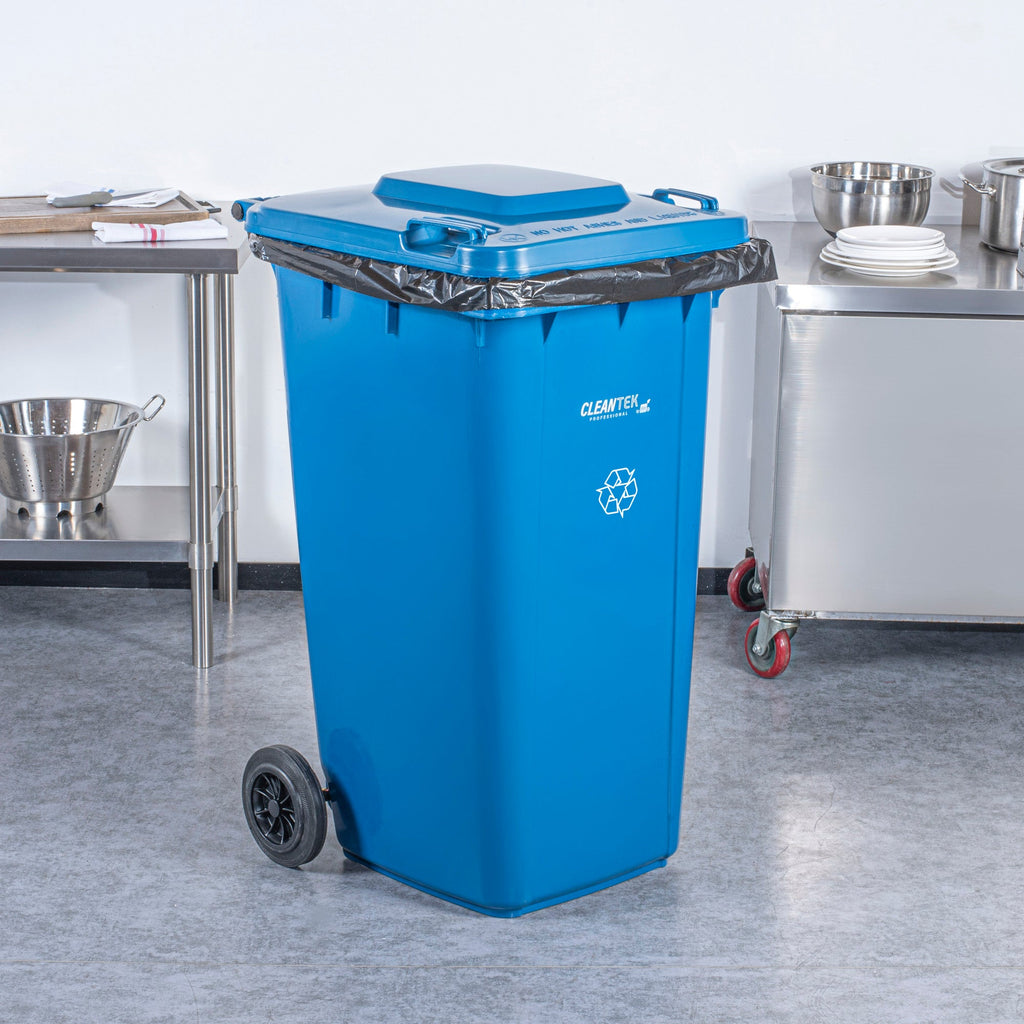 Clean Tek Professional 64 gal Rectangle Blue Plastic Wheeled Recycling Bin - with Lid - 28 1/2" x 23" x 43" - 1 count box
