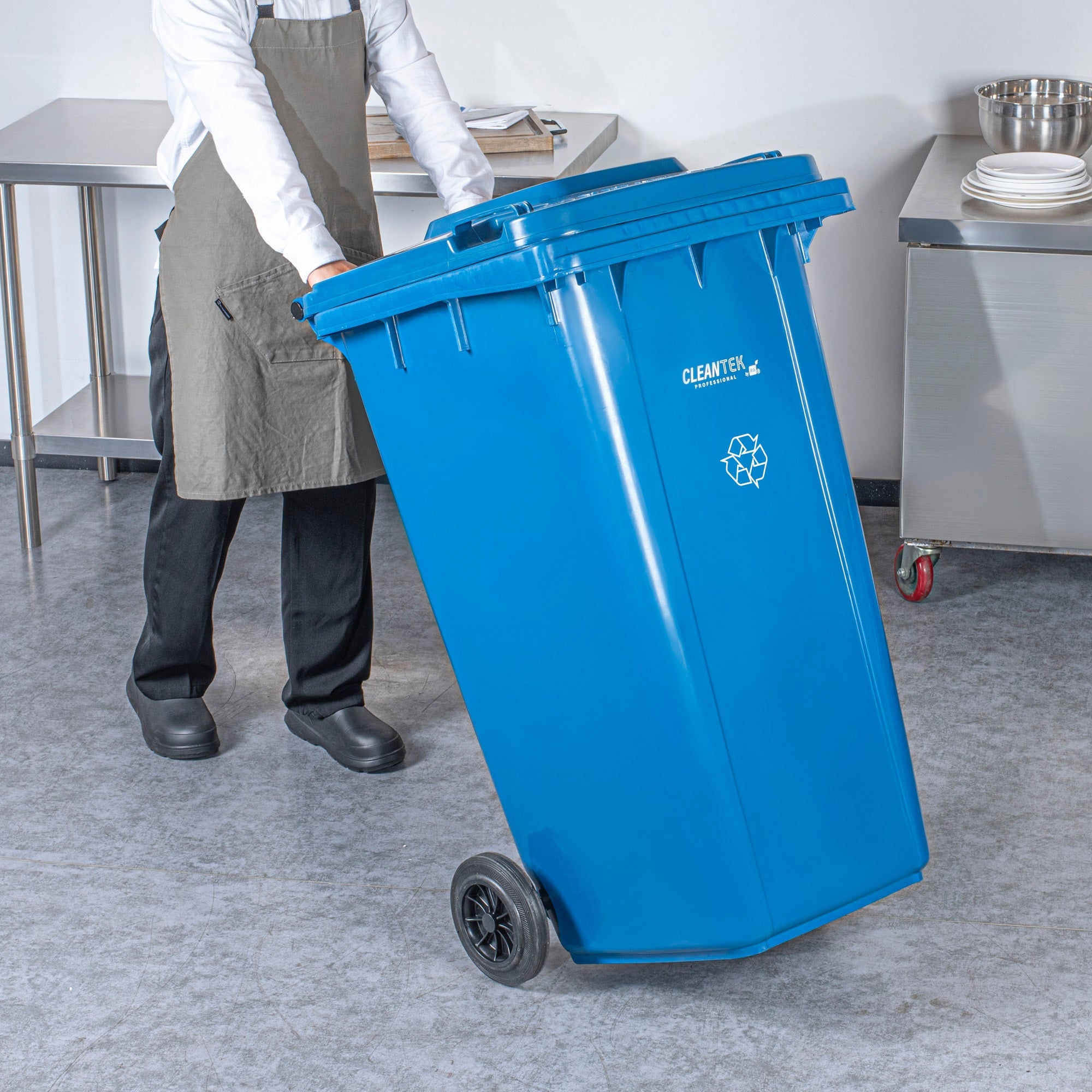 Clean Tek Professional 64 gal Rectangle Blue Plastic Wheeled Recycling Bin - with Lid - 28 1/2" x 23" x 43" - 1 count box