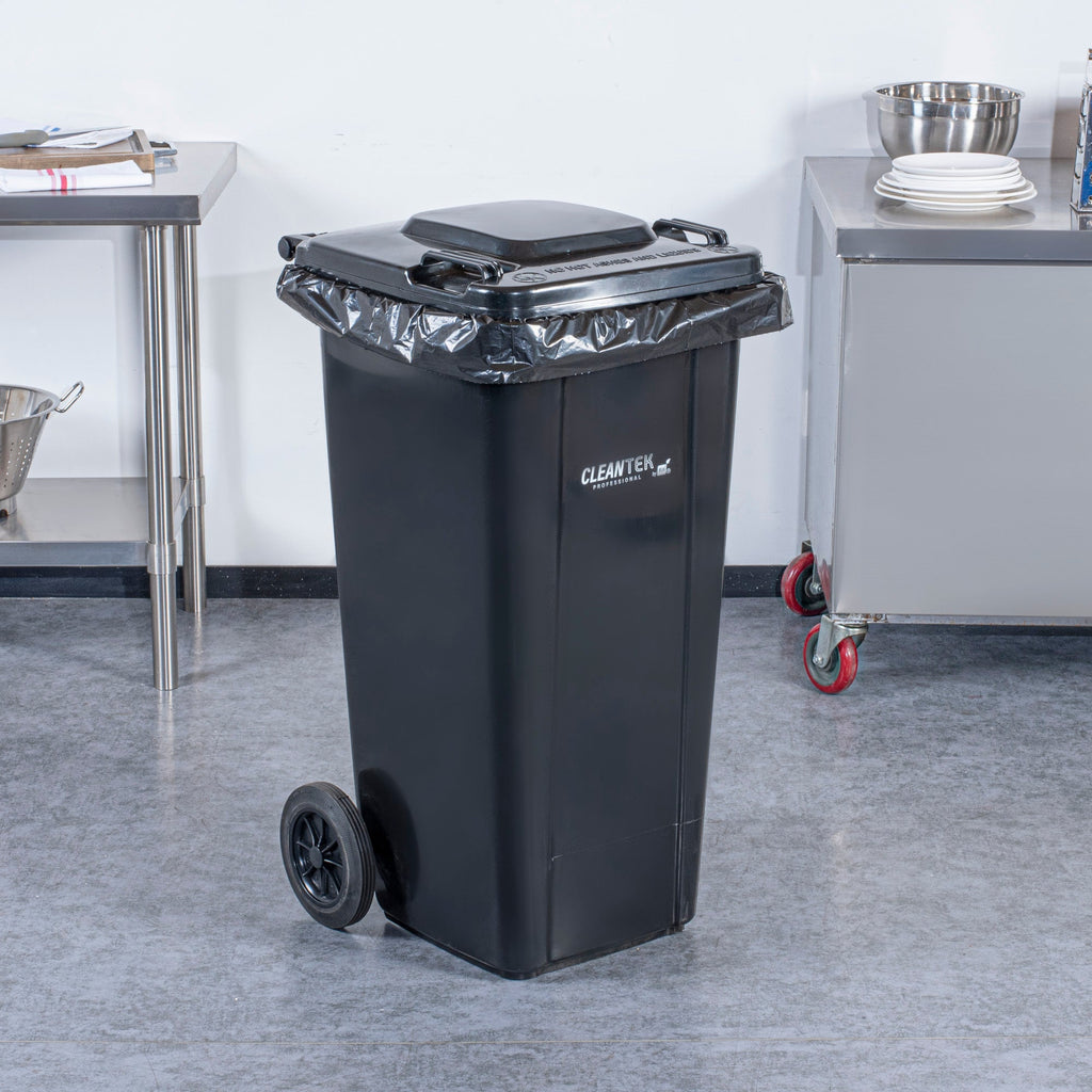 Clean Tek Professional 32 gal Rectangle Black Plastic Wheeled Trash Can - with Lid - 22 1/2" x 19" x 37 1/2" - 1 count box