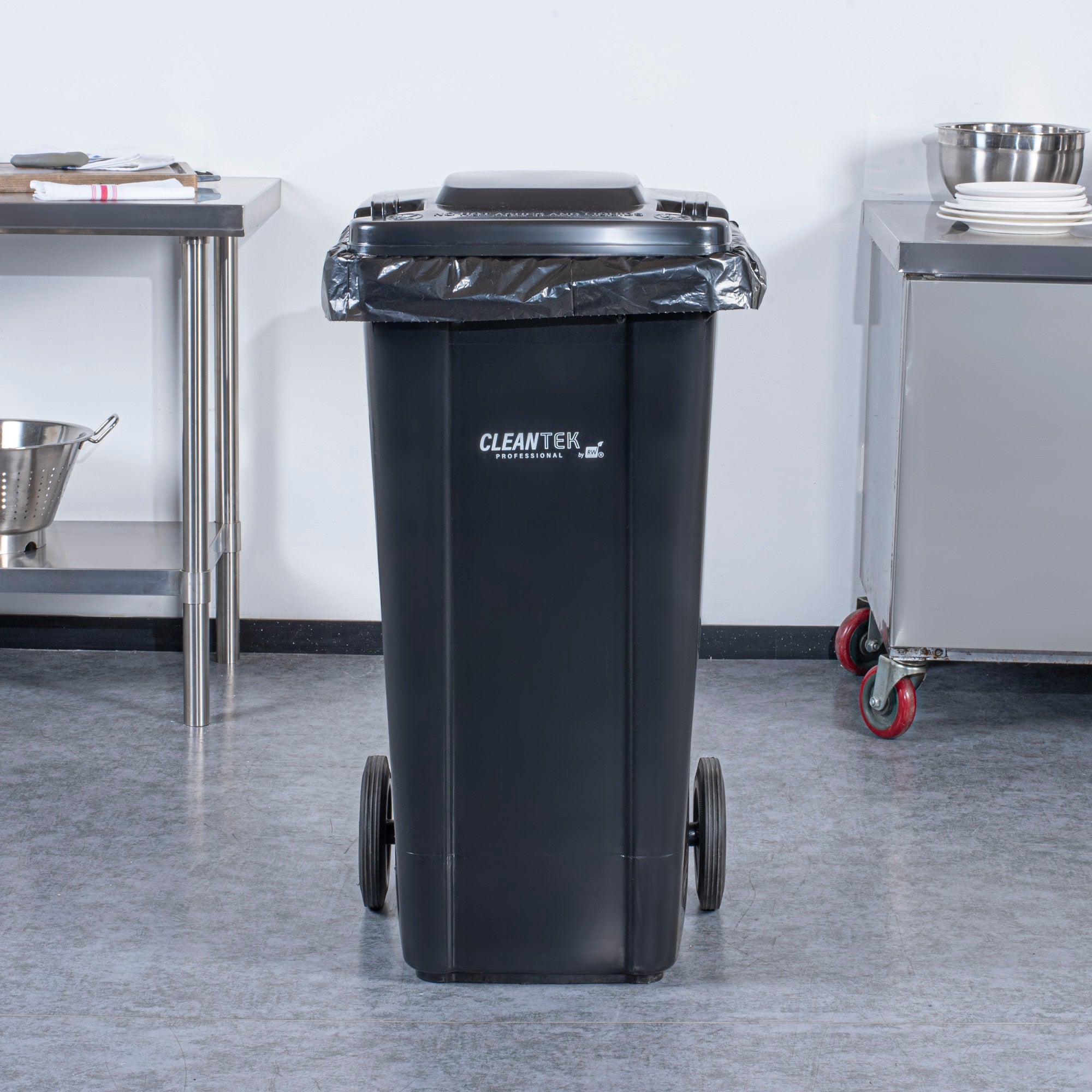 Clean Tek Professional 32 gal Rectangle Black Plastic Wheeled Trash Can - with Lid - 22 1/2" x 19" x 37 1/2" - 1 count box