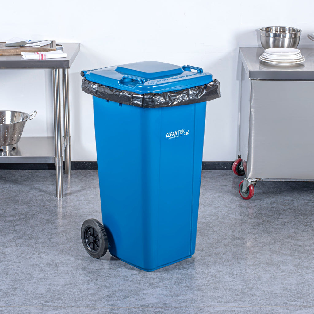 Clean Tek Professional 32 gal Rectangle Blue Plastic Wheeled Trash Can - with Lid - 22 1/2" x 19" x 37 1/2" - 1 count box
