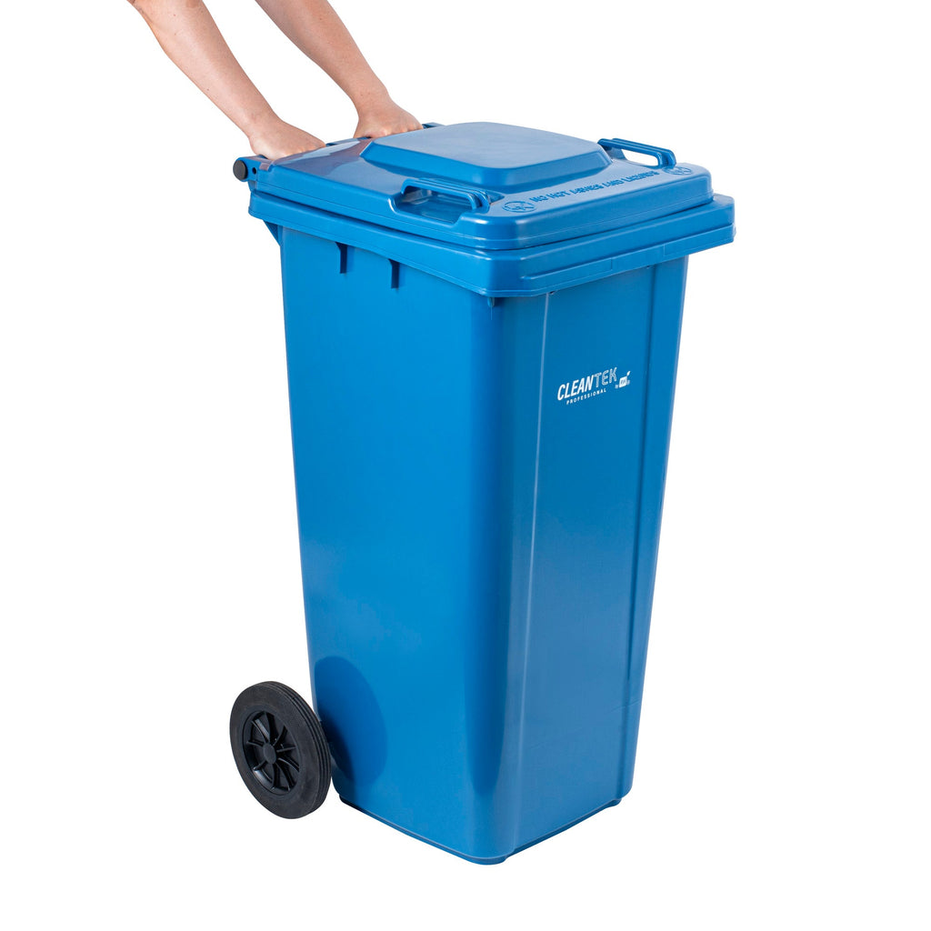 Clean Tek Professional 32 gal Rectangle Blue Plastic Wheeled Trash Can - with Lid - 22 1/2" x 19" x 37 1/2" - 1 count box