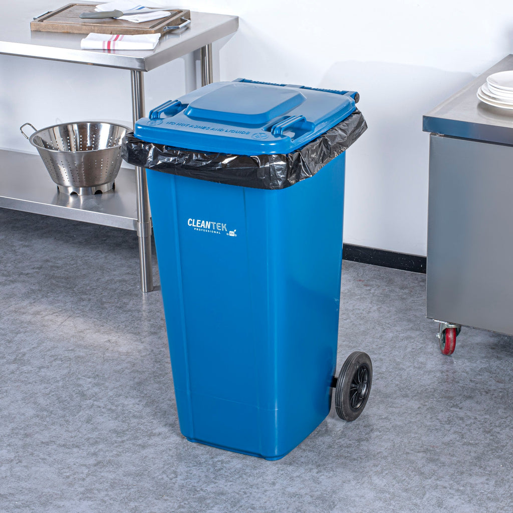 Clean Tek Professional 32 gal Rectangle Blue Plastic Wheeled Trash Can - with Lid - 22 1/2" x 19" x 37 1/2" - 1 count box