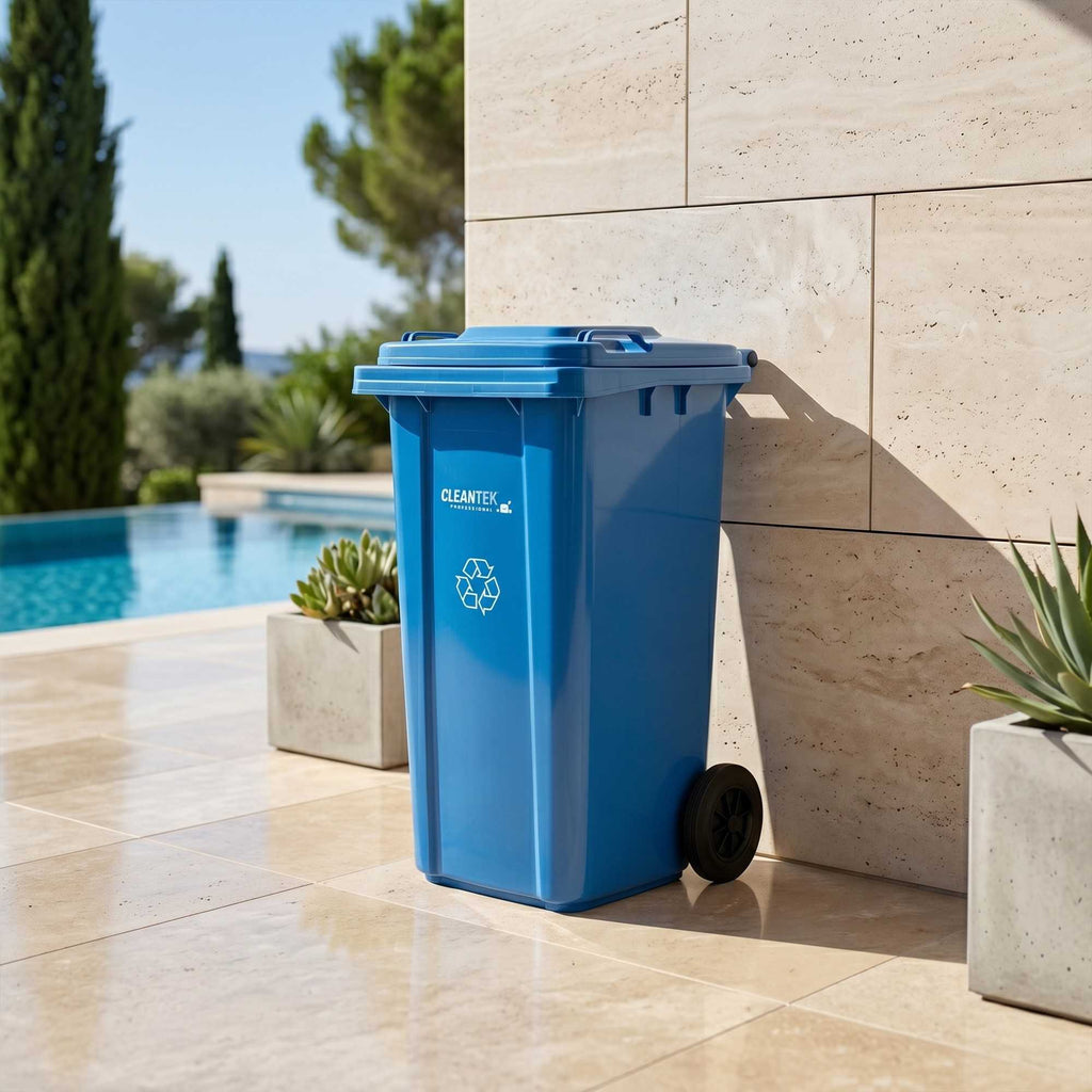 Clean Tek Professional 32 gal Rectangle Blue Plastic Wheeled Recycling Bin - with Lid - 22 1/2" x 19" x 37 1/2" - 1 count box