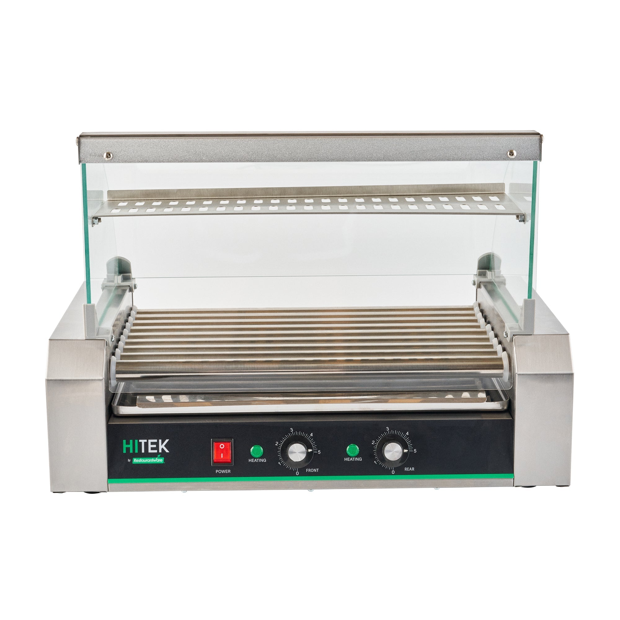 Hi Tek Hot Dog Roller Grill Warmer - Fits 24 and 4 Buns, Curved Glass, Sneeze Guard - 1 count box