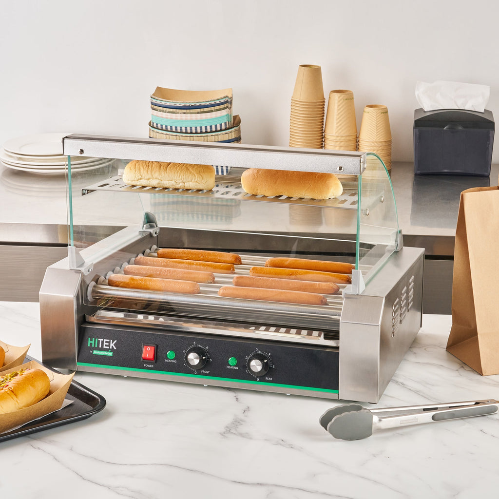 Hi Tek Hot Dog Roller Grill Warmer - Fits 24 and 4 Buns, Curved Glass, Sneeze Guard - 1 count box