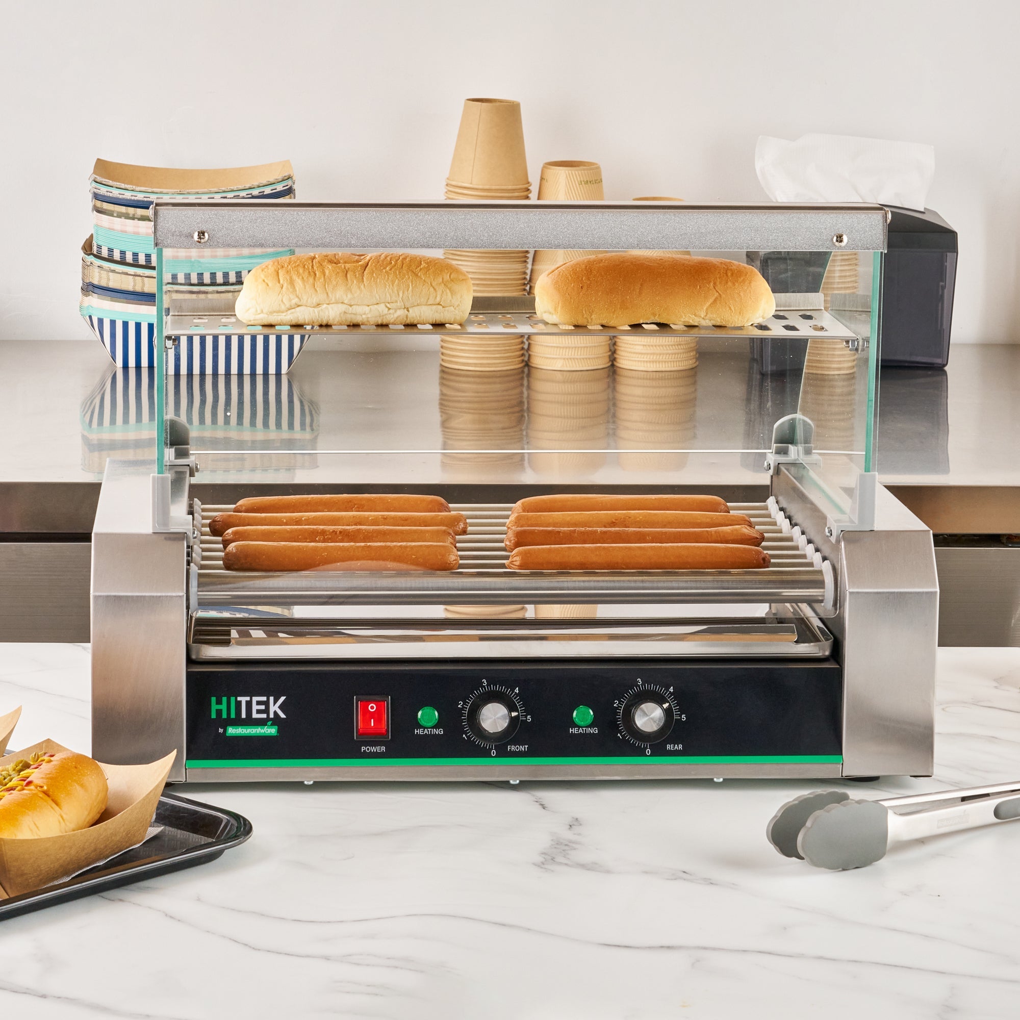Hi Tek Hot Dog Roller Grill Warmer - Fits 24 and 4 Buns, Curved Glass, Sneeze Guard - 1 count box