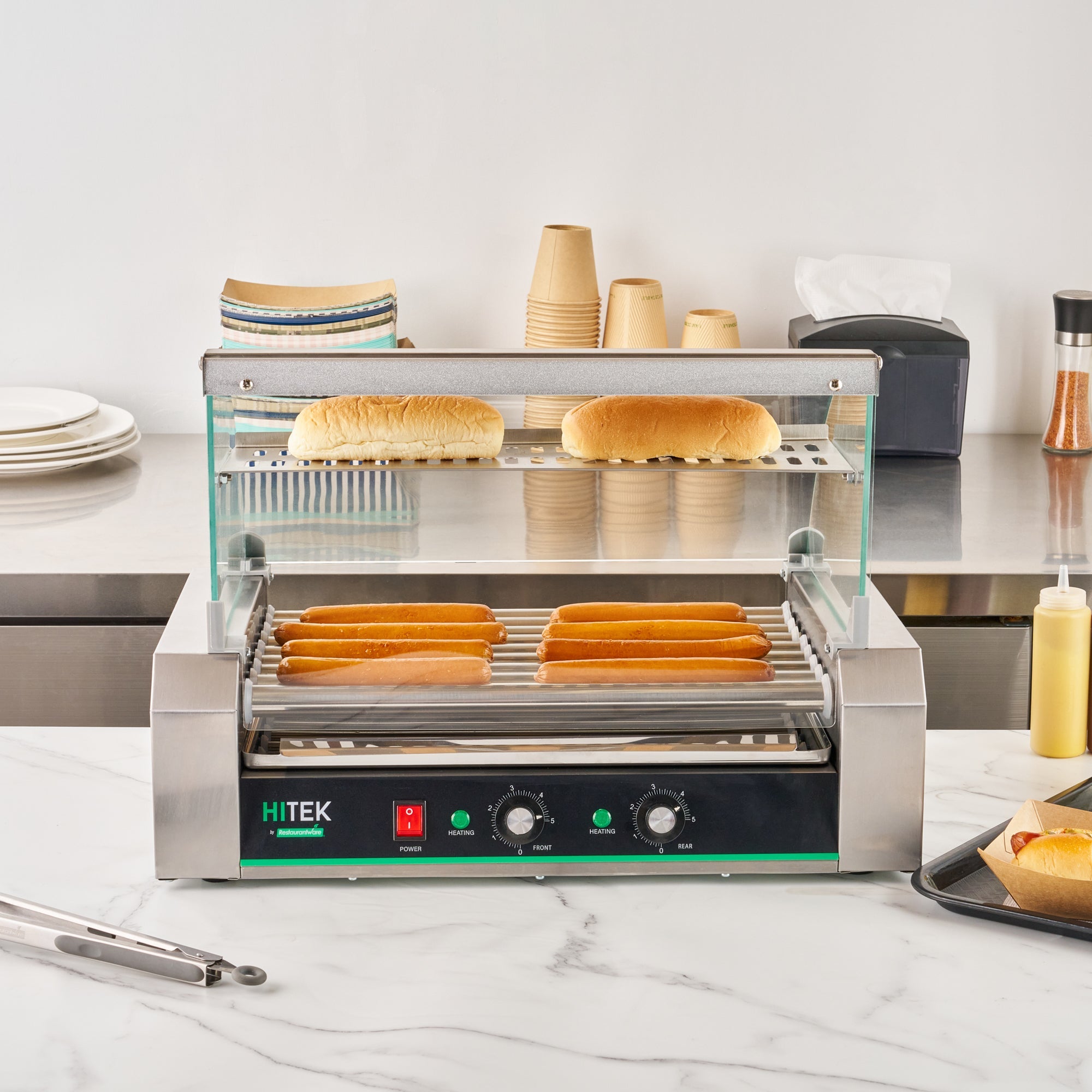 Hi Tek Hot Dog Roller Grill Warmer - Fits 24 and 4 Buns, Curved Glass, Sneeze Guard - 1 count box
