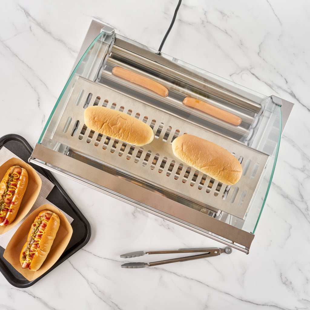 Hi Tek Hot Dog Roller Grill Warmer - Fits 24 and 4 Buns, Curved Glass, Sneeze Guard - 1 count box