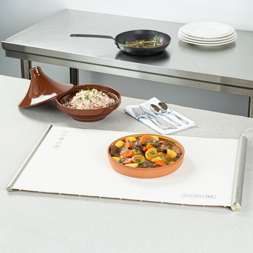 Kitchen Tek Beige Silicone Food Warmer Mat - 120V, Adjustable Temperature, Roll Up - 26 1/4" x 16 3/4" x 1" - 1 count box