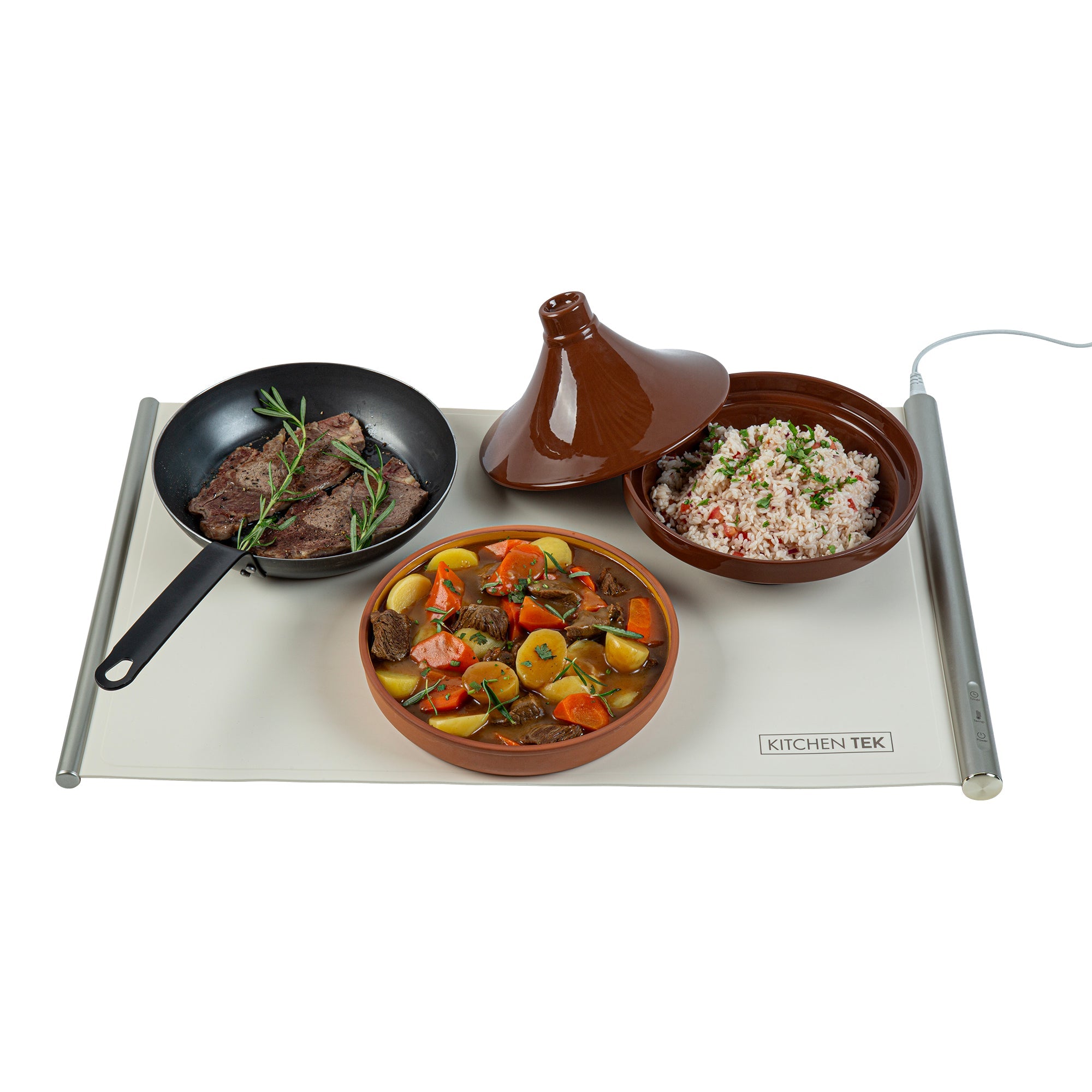 Kitchen Tek Beige Silicone Food Warmer Mat - 120V, Adjustable Temperature, Roll Up - 26 1/4" x 16 3/4" x 1" - 1 count box
