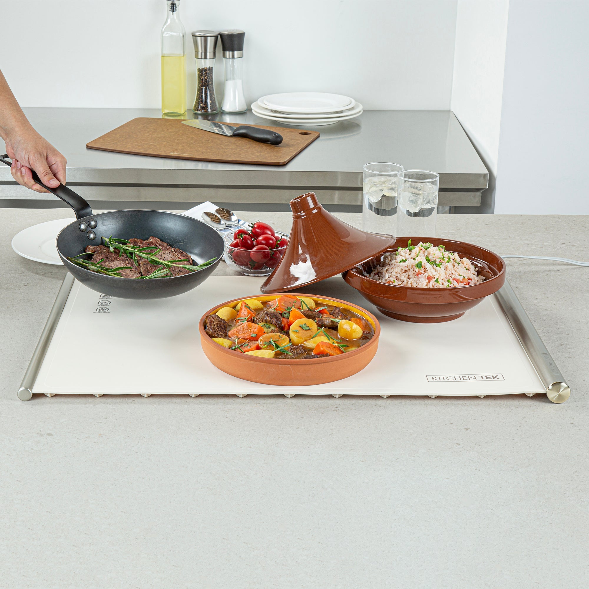 Kitchen Tek Beige Silicone Food Warmer Mat - 120V, Adjustable Temperature, Roll Up - 26 1/4" x 16 3/4" x 1" - 1 count box