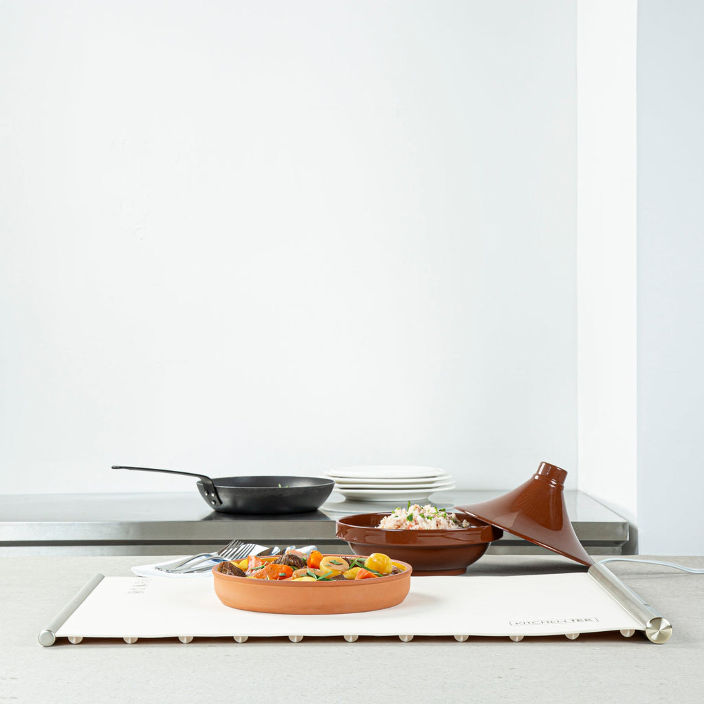 Kitchen Tek Beige Silicone Food Warmer Mat - 120V, Adjustable Temperature, Roll Up - 26 1/4" x 16 3/4" x 1" - 1 count box
