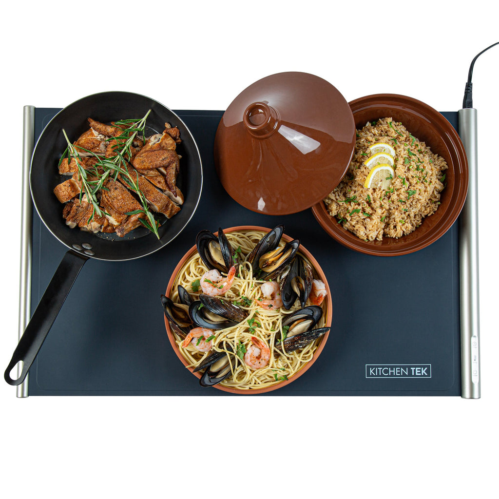 Kitchen Tek Dark Blue Silicone Food Warmer Mat - 120V, Adjustable Temperature, Roll Up - 26 1/4" x 16 3/4" x 1" - 1 count box