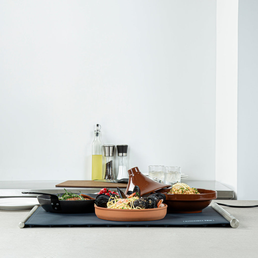 Kitchen Tek Dark Blue Silicone Food Warmer Mat - 120V, Adjustable Temperature, Roll Up - 26 1/4" x 16 3/4" x 1" - 1 count box