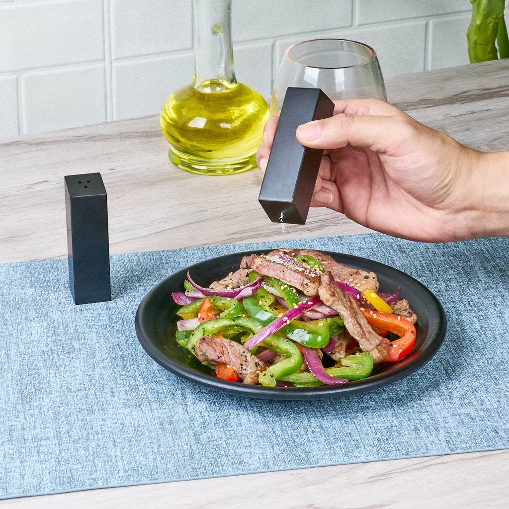 Chef 101 2 oz Black Stainless Steel Rectangular Salt And Pepper Shaker Set - 1" x 1" x 3 1/4" - 1 count box