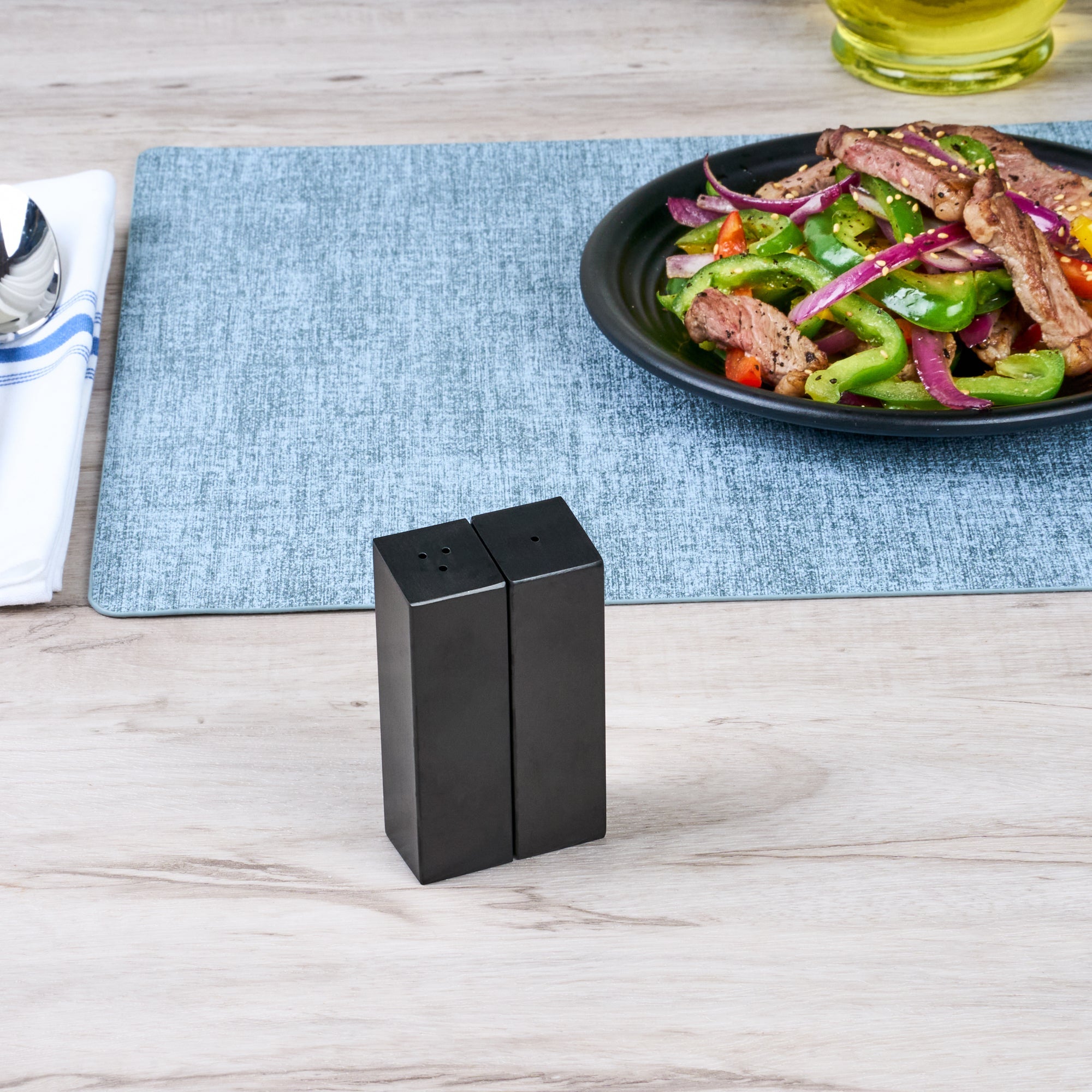 Chef 101 2 oz Black Stainless Steel Rectangular Salt And Pepper Shaker Set - 1" x 1" x 3 1/4" - 1 count box