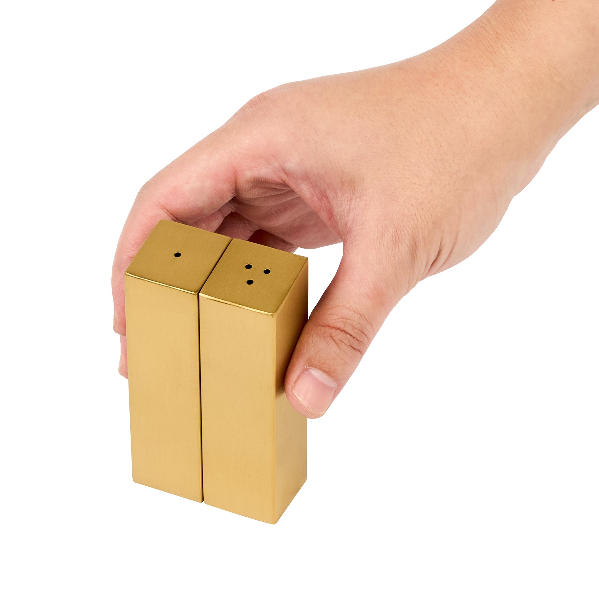 Chef 101 2 oz Gold Stainless Steel Rectangular Salt And Pepper Shaker Set - 1" x 1" x 3 1/4" - 1 count box