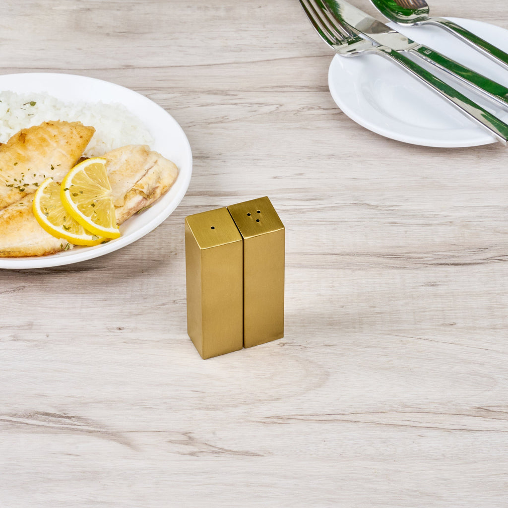 Chef 101 2 oz Gold Stainless Steel Rectangular Salt And Pepper Shaker Set - 1" x 1" x 3 1/4" - 1 count box
