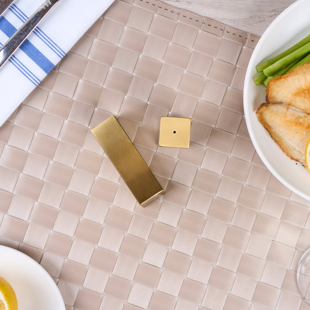 Chef 101 2 oz Gold Stainless Steel Rectangular Salt And Pepper Shaker Set - 1" x 1" x 3 1/4" - 1 count box
