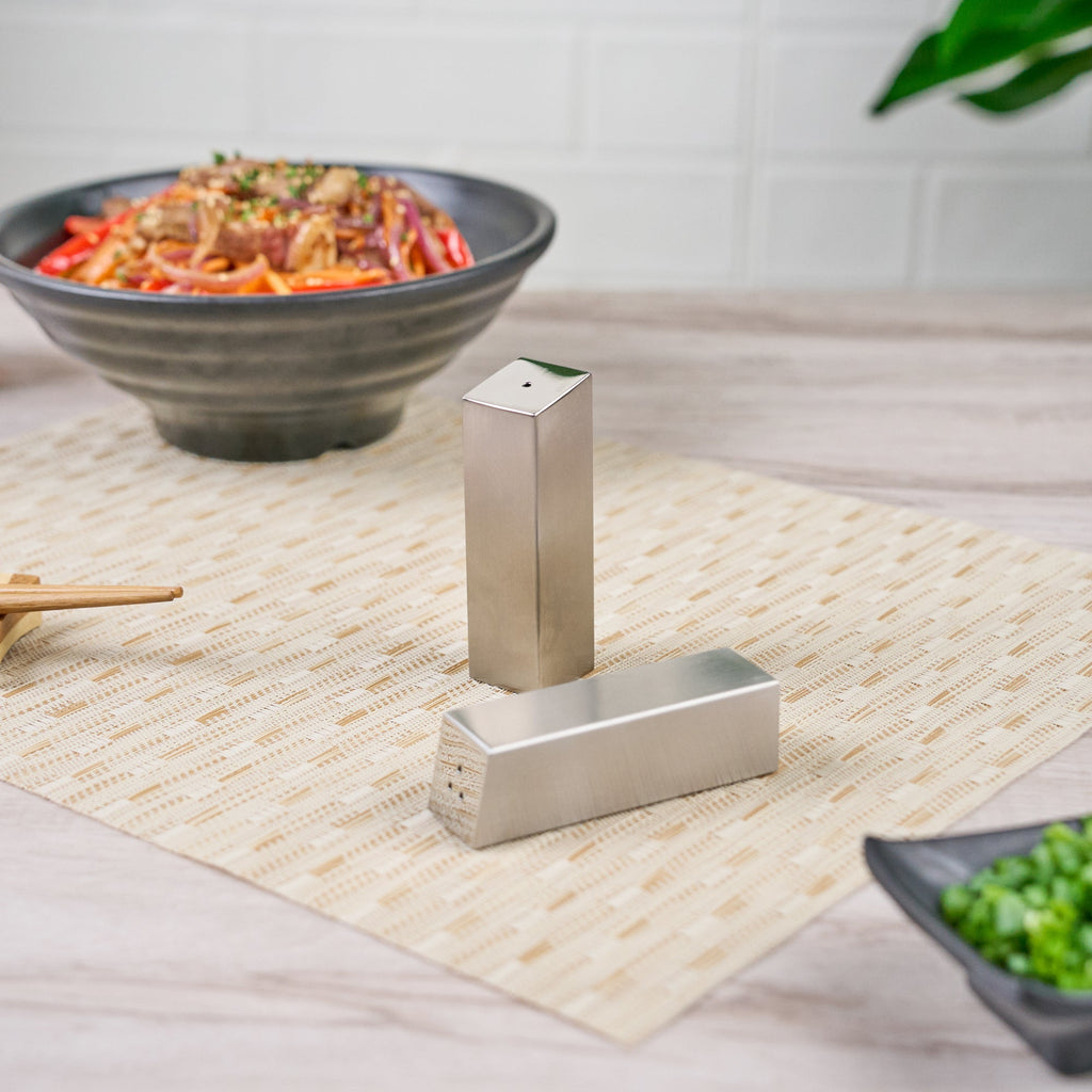 Chef 101 2 oz Silver Stainless Steel Rectangular Salt And Pepper Shaker Set - 1" x 1" x 3 1/4" - 1 count box