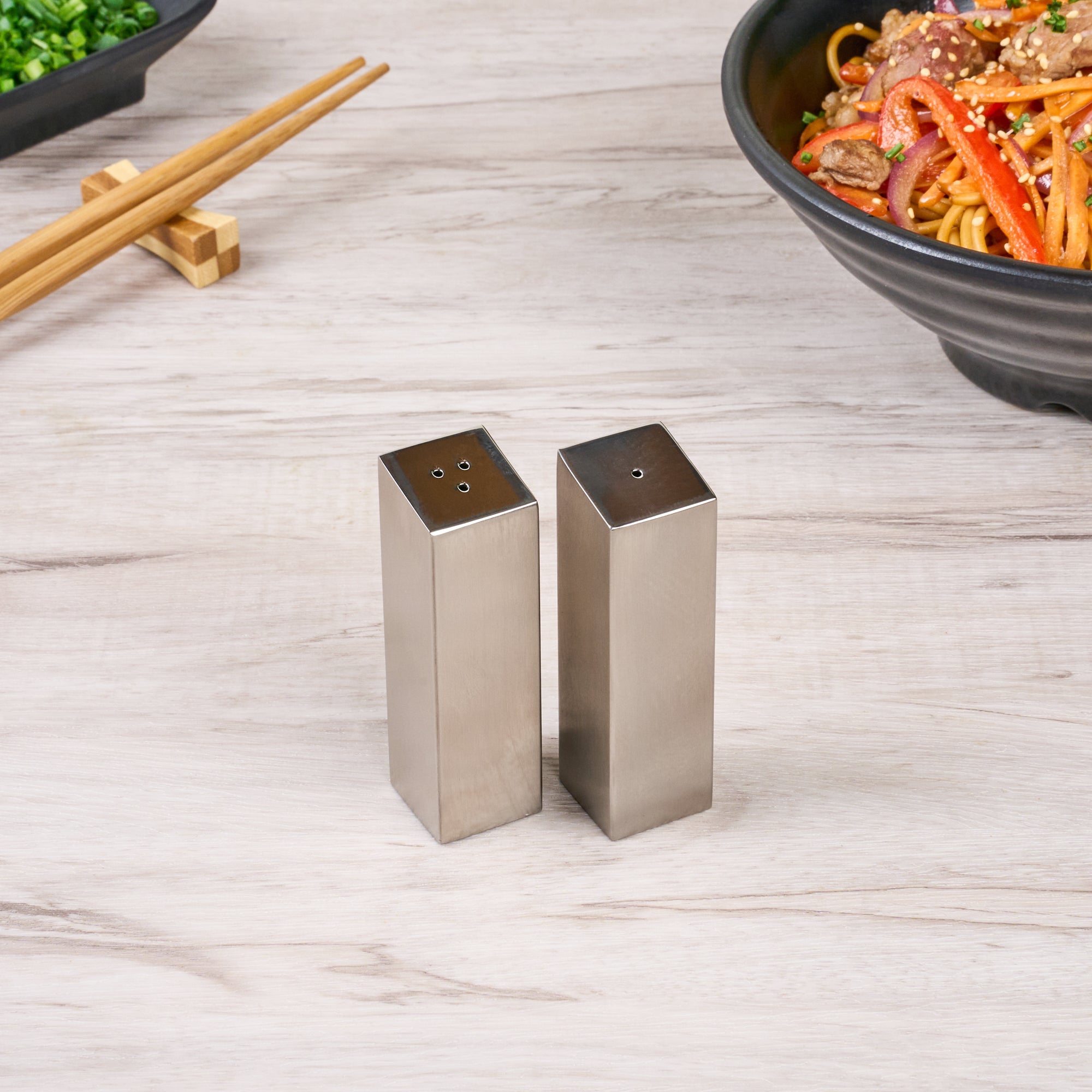 Chef 101 2 oz Silver Stainless Steel Rectangular Salt And Pepper Shaker Set - 1" x 1" x 3 1/4" - 1 count box