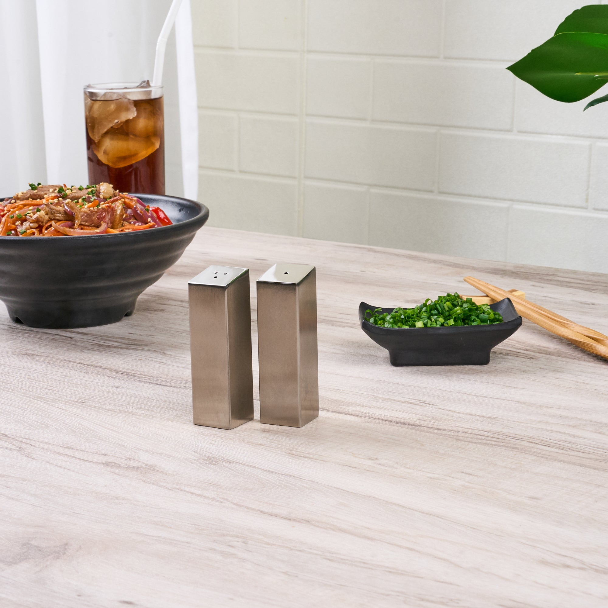 Chef 101 2 oz Silver Stainless Steel Rectangular Salt And Pepper Shaker Set - 1" x 1" x 3 1/4" - 1 count box