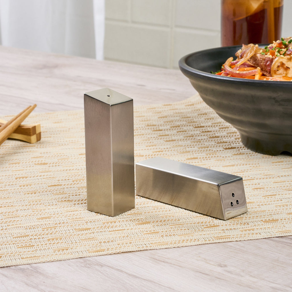 Chef 101 2 oz Silver Stainless Steel Rectangular Salt And Pepper Shaker Set - 1" x 1" x 3 1/4" - 1 count box