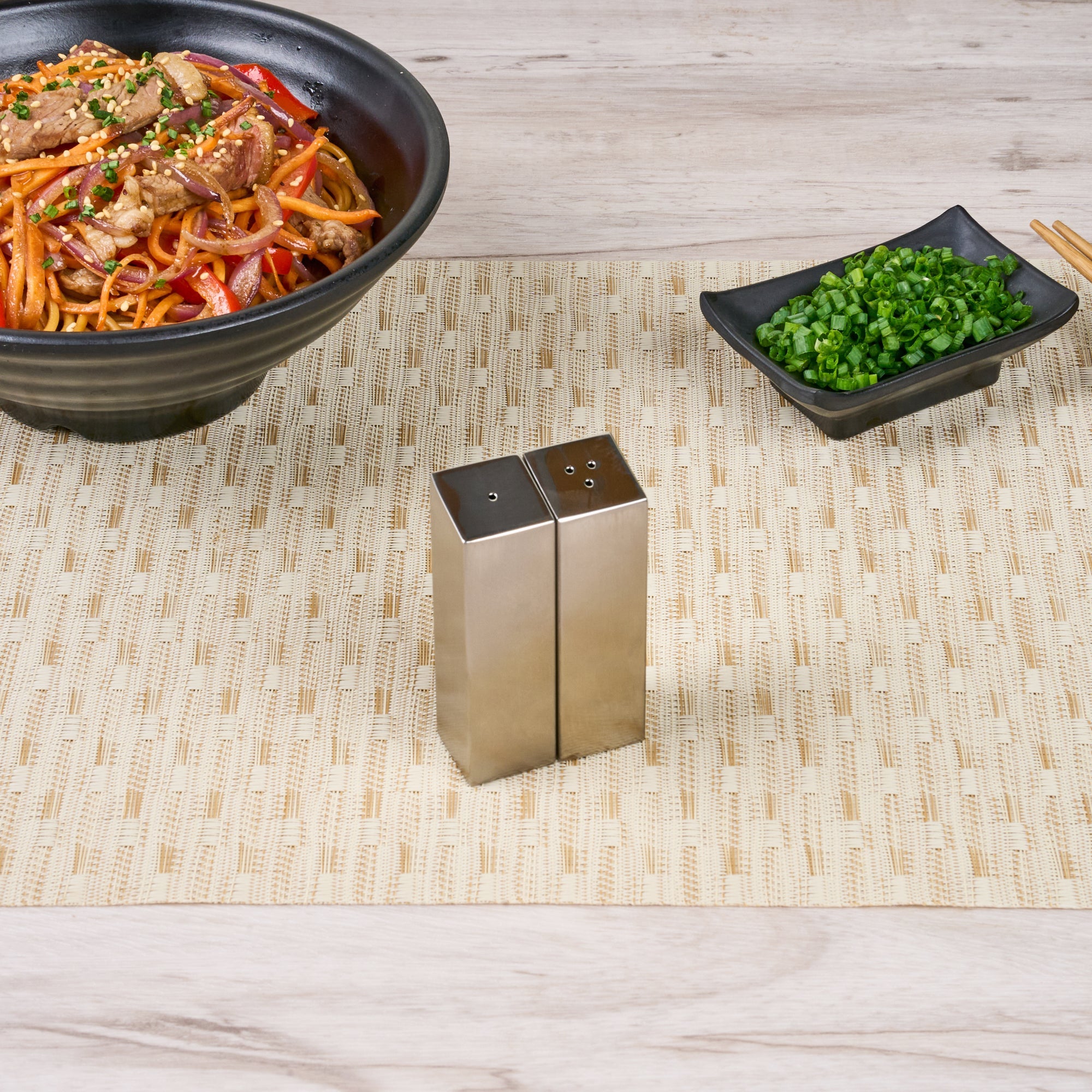 Chef 101 2 oz Silver Stainless Steel Rectangular Salt And Pepper Shaker Set - 1" x 1" x 3 1/4" - 1 count box